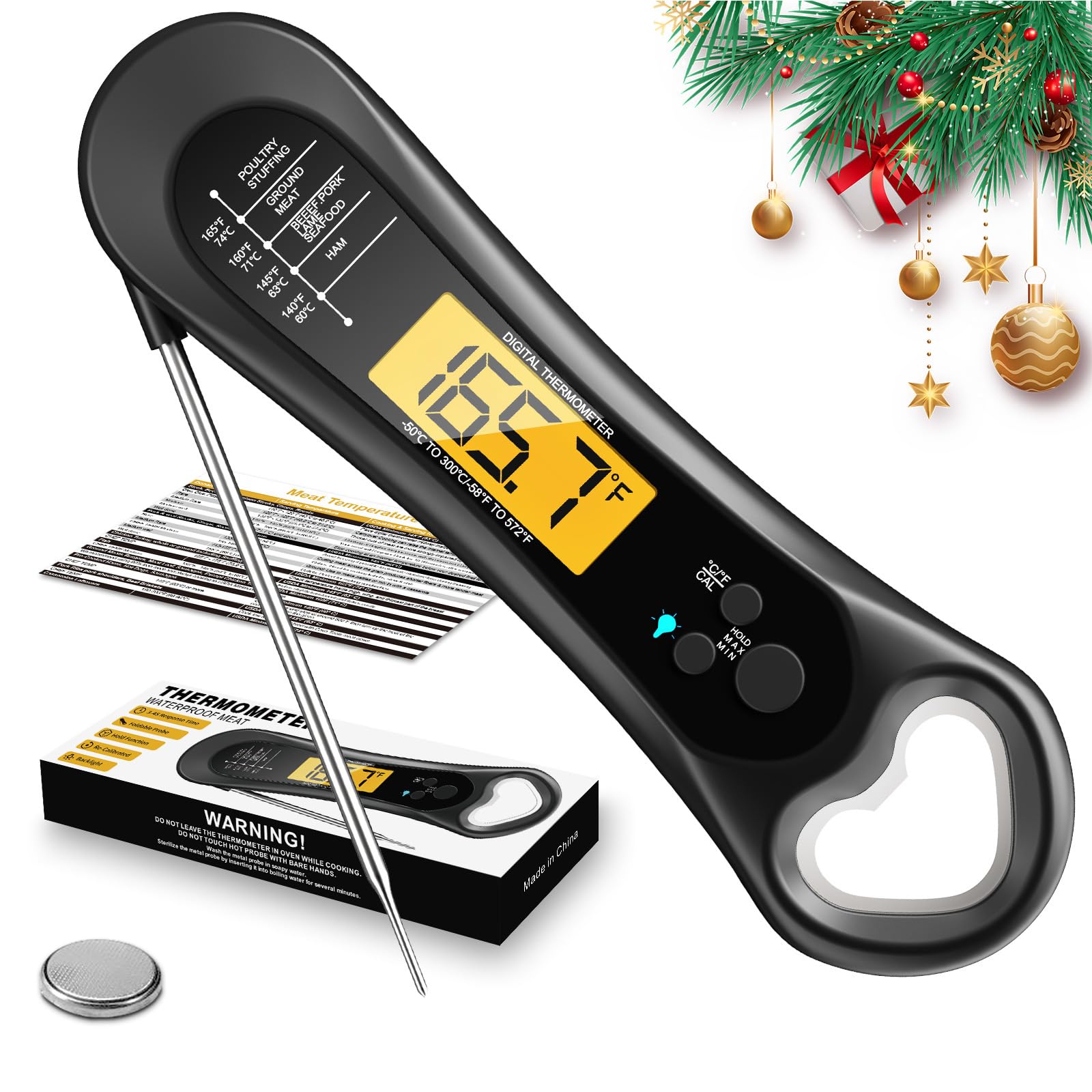 Biison Meat Thermometer Digital, Instant Read Meat Thermometer for Grill and Cooking, IP66 Waterproof Food Thermometer for Kitchen and Outside, BBQ, Turkey, Candy, Liquids, Beef