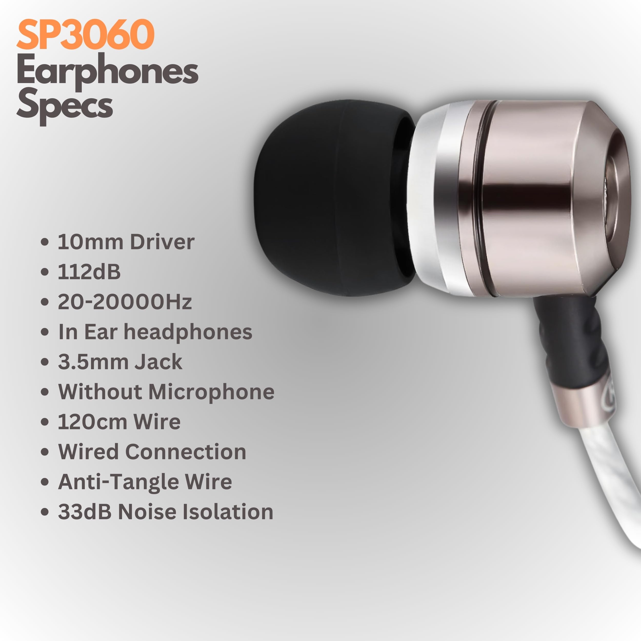 Sephia SP3060 Wired Headphones, HD Bass Driven Audio, Lightweight Aluminum Wired in Ear Earbud Headphones, S/M/L Ear Bud Tips, Earphone Case, 3.5mm Tangle-Free Cord, No Mic