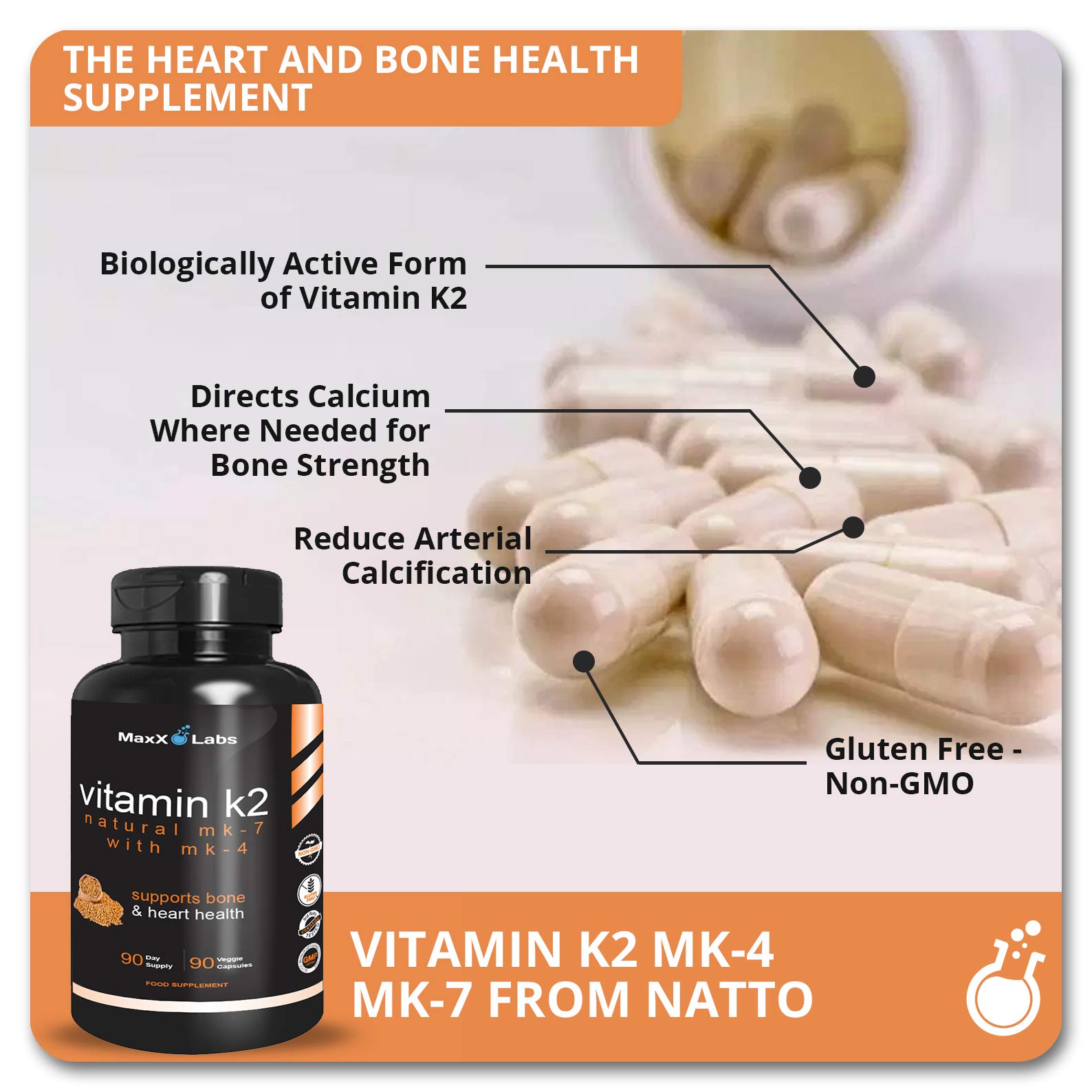 Vitamin K2 Supplements - Full Spectrum Vitamin K2 MK7, MK4 & Calcium - High Strength Vitamin K Works with Vitamin D3 K2 5000 IU - K2 Vitamin Supplement 600mcg - Support Bone Health - 90 Capsules