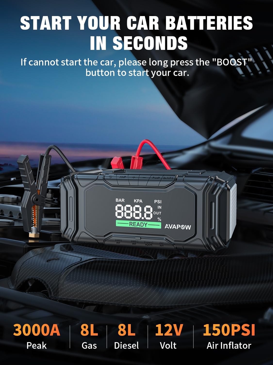 AVAPOW Car Battery Jump Starter 3000A Peak with Air Compressor, 12V 150PSI Portable Jumpstart with Force Start Function, Portable Starters for Up to 8L Gas 8L Diesel Engine, PD 60W Fast Charging