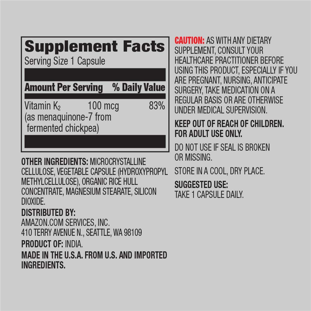 Amazon Elements Vitamin K2 100 mcg, Vegan, 65 Capsules, 2 month supply (Packaging may vary)