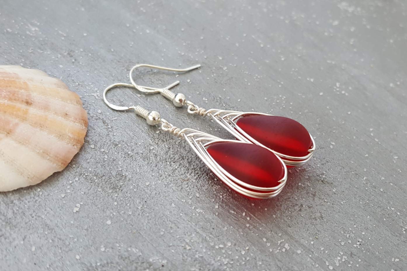 Yinahawaii Handmade Sea Glass Earrings, Hawaiian Jewelry, Wire Braided Earrings Teardrop Earrings, Beach Jewelry Sea Glass Jewelry For Women Birthday Gift (Ruby Red - July)