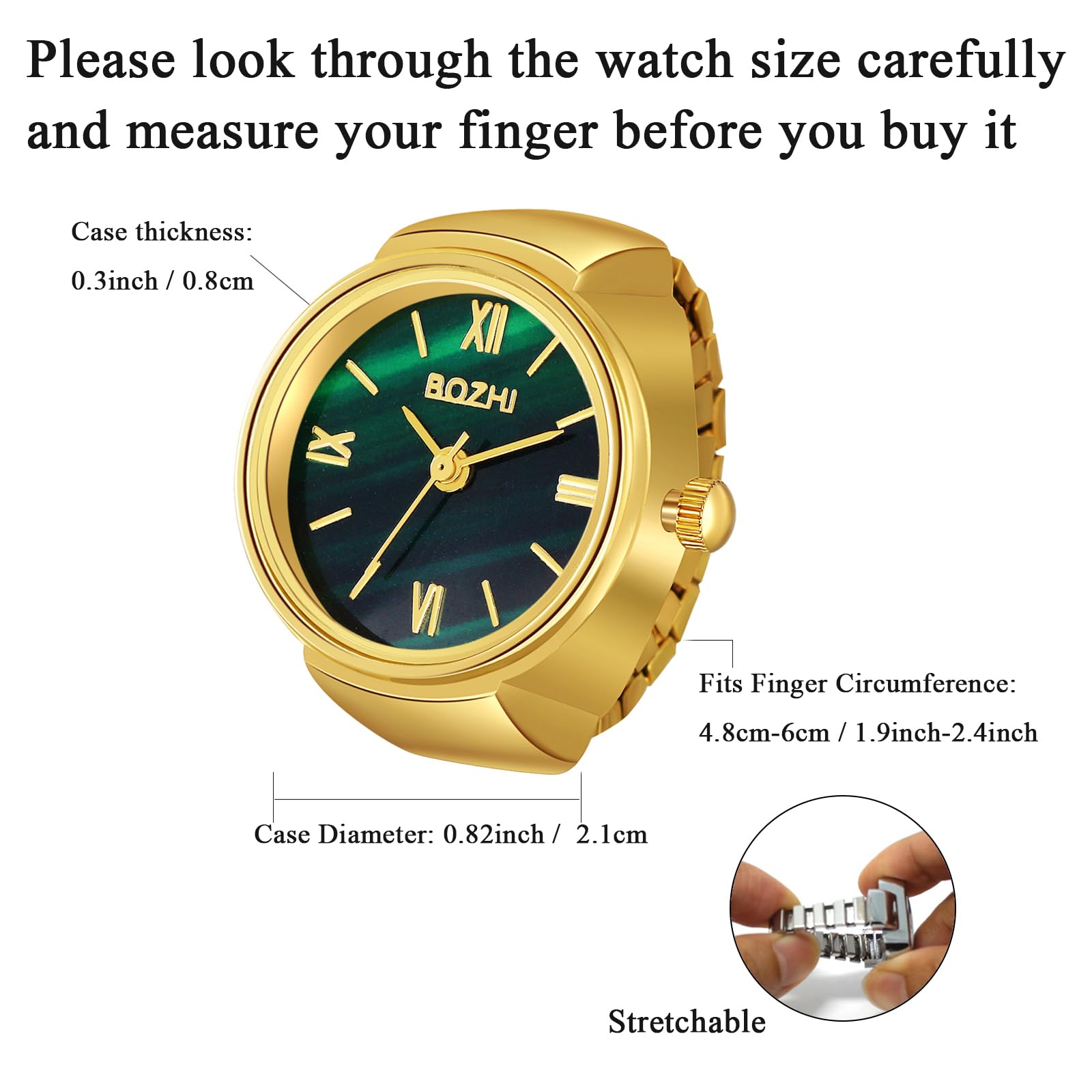 JewelryWe Men Women Finger Watches Set Gold/Silver Plated Elastic Watch Rings Green Dial Quartz Ring Watches