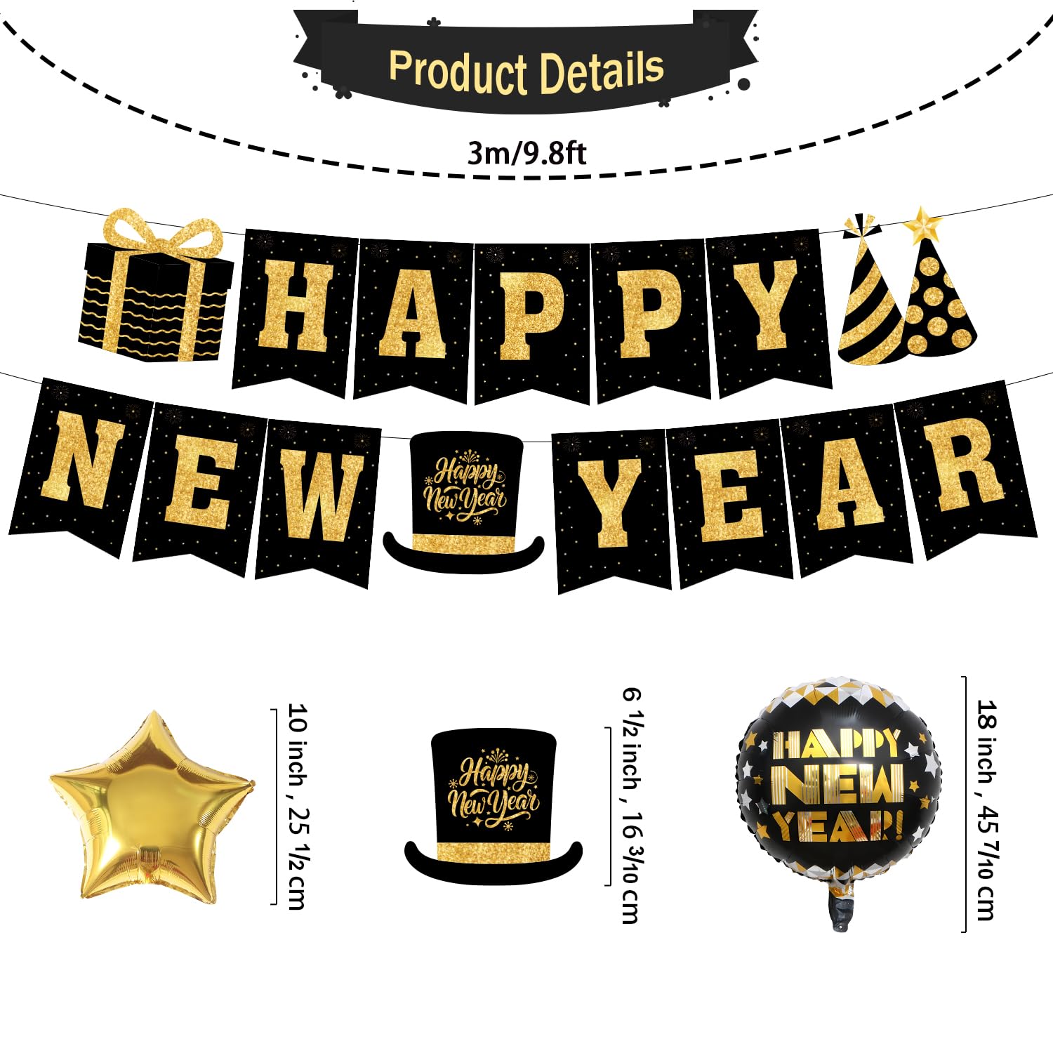 New Years Decorations 2025 Kit, Black and Gold Happy New Year Party Decor, New Years Eve Party Supplies with Balloon Arch Kit, 2025 Balloons Gold, Happy New Year Banner and New Years Backdrop