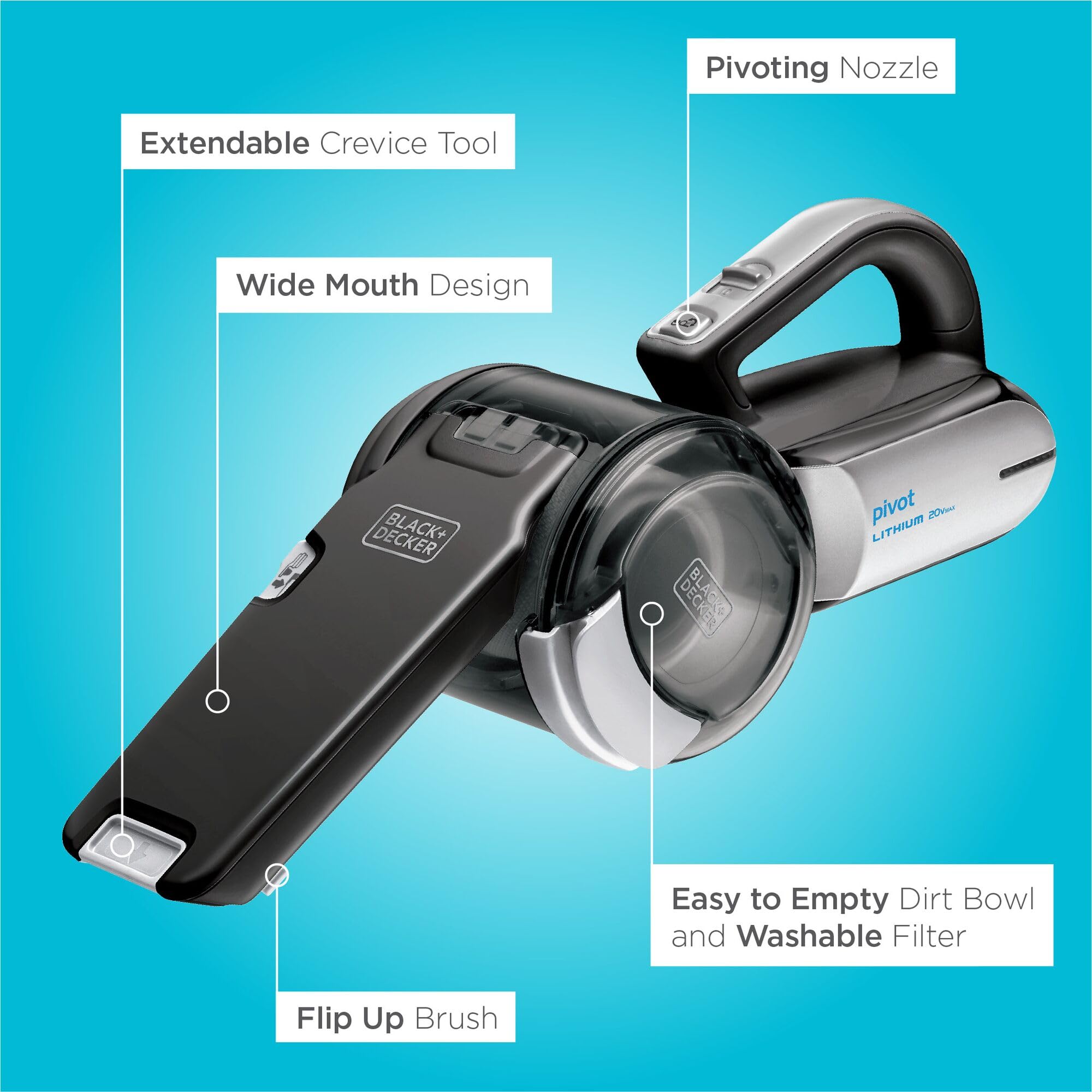 BLACK+DECKER dustbuster PIVOT VAC Cordless Handheld Vacuum, Home and Car Vacuum with Crevice Tool and Pivot Nozzle (BDH2000PL)