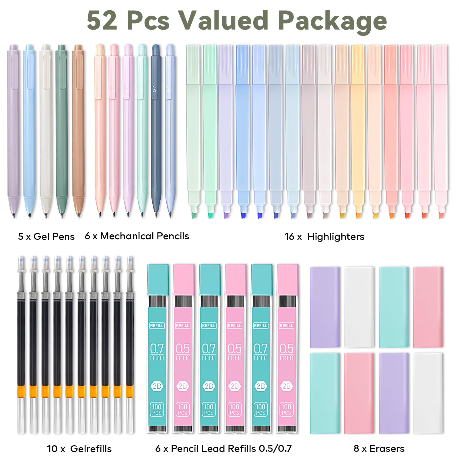 Toidgy 52 PCS Aesthetic School Supplies with Cute Pencil Case, Stationery Essentials with Pens Pencils and Pastel Highlighters Set,College Back to School Supplies for Teen Girls,Pastel Office Supplies