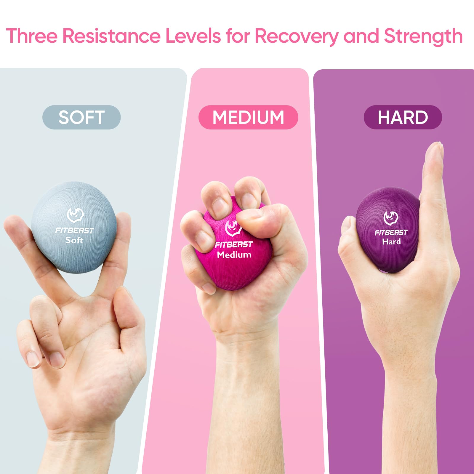 FitBeast Grip Strength Trainer, Finger Exerciser, Stress Balls for Adults, Hand Therapy for Strength, Recovery & Stress Relief, Forearm Strengthener for Men, Women & Seniors (6-Piece Bright Tones)