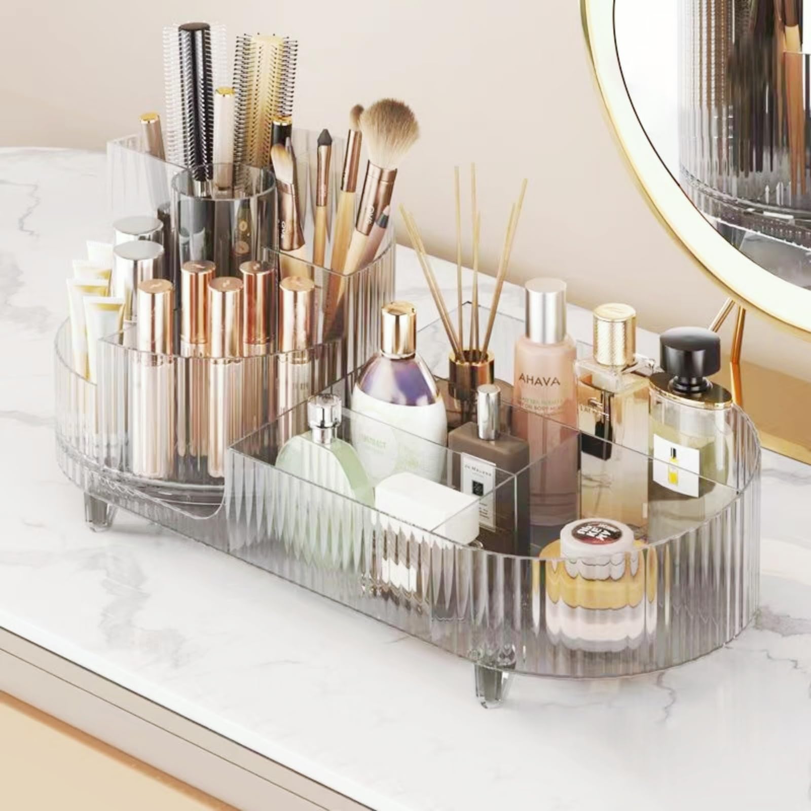 Rotating makeup organizer,Large Capacity Cosmetic Display Case, easy to hold all of your makeup products, at least 20 makeup brushes/eyeliner,10 lipsticks,8 skincare products(Crystal Clear)