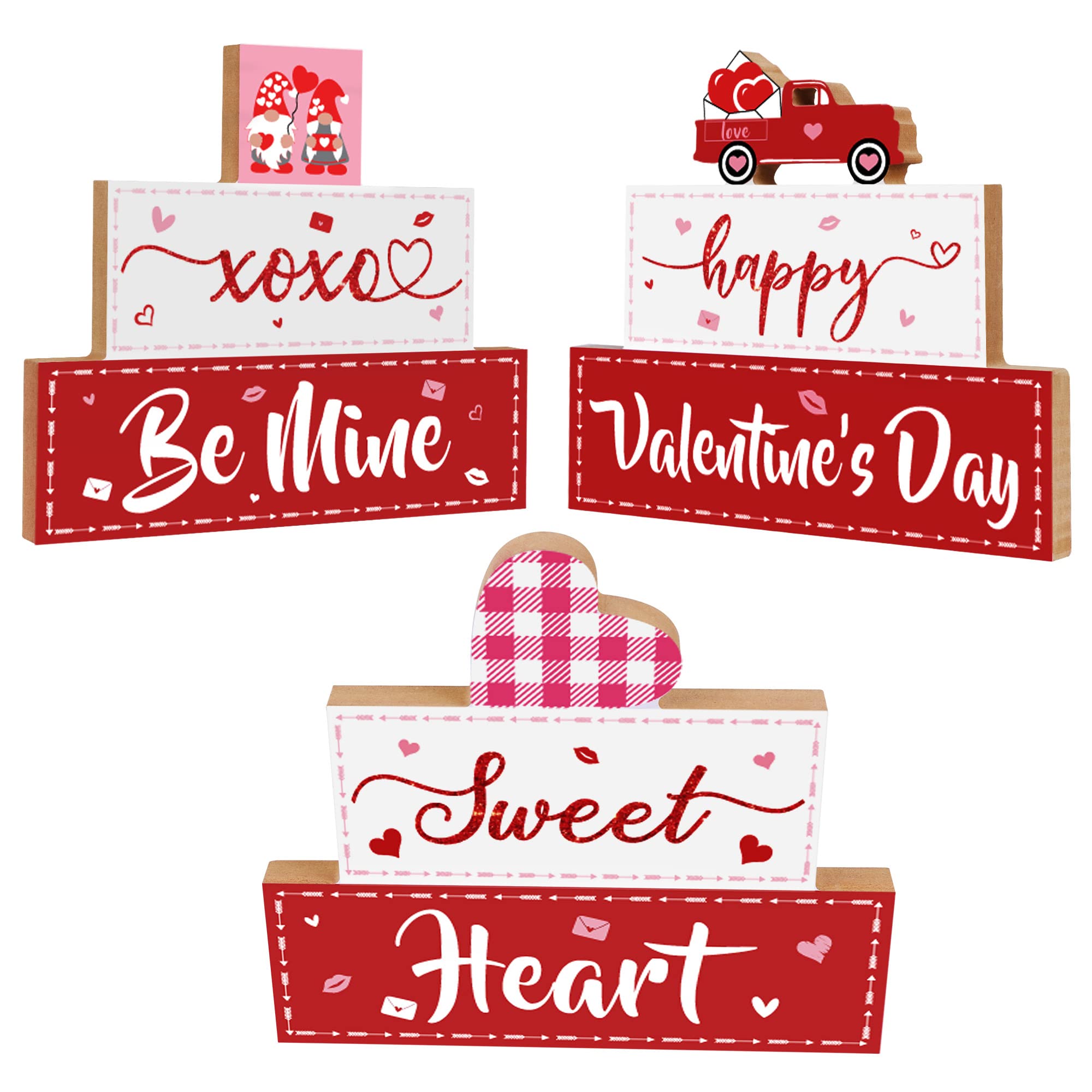 3 PCS Valentine's Day Wooden Sign Table Decor, Happy Valentine's Tabletop Centerpiece XOXO Be Mine Valentine Decorations for Tables, Valentine's Day Presents Wood Love Heart Desk Mantle Shelf Decoration