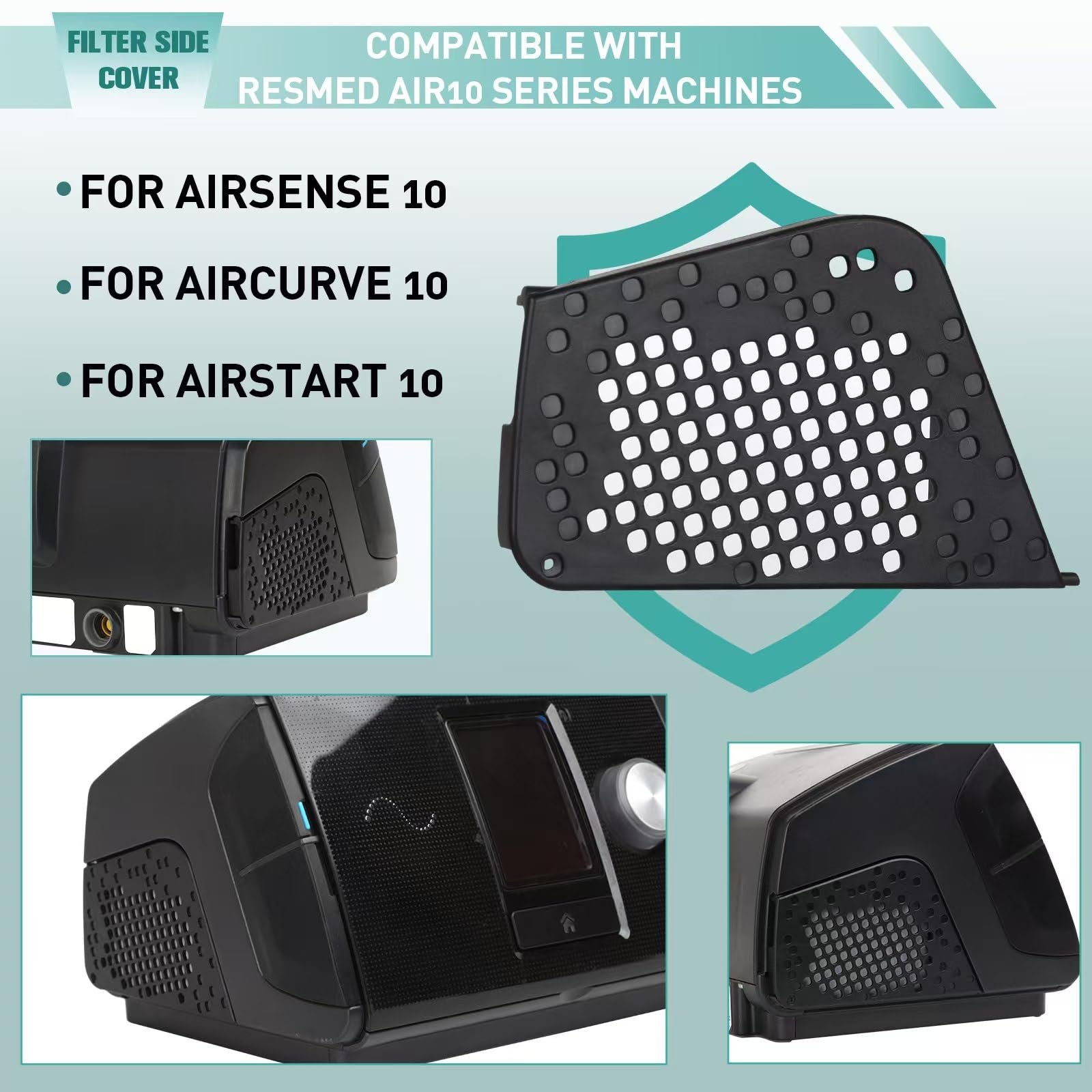 4 Pack 19729 Filter Side Cover Compatible with ResMed AirSense 10, AirStart 10, AirCurve 10 CPAP/AutoSet/VPAP Machines - Universal Replacement for Plastic Side Filter Cover (Black)