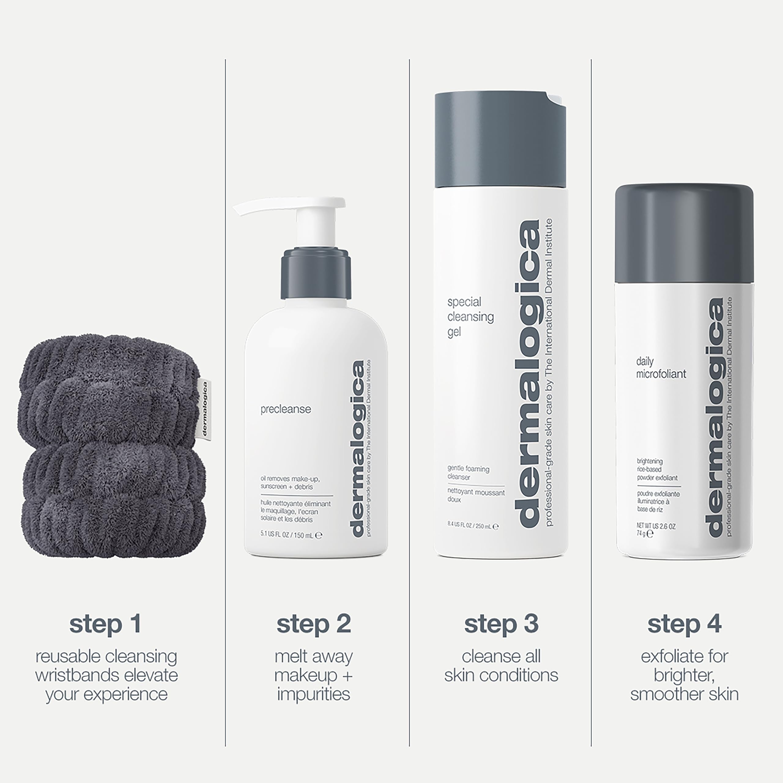 Dermalogica Cleanse + Glow Skin Care Set with Cleansing Bands Contains Cleansing Oil, Facial Cleansing Gel, Exfoliating Scrub, and Skincare Wristbands