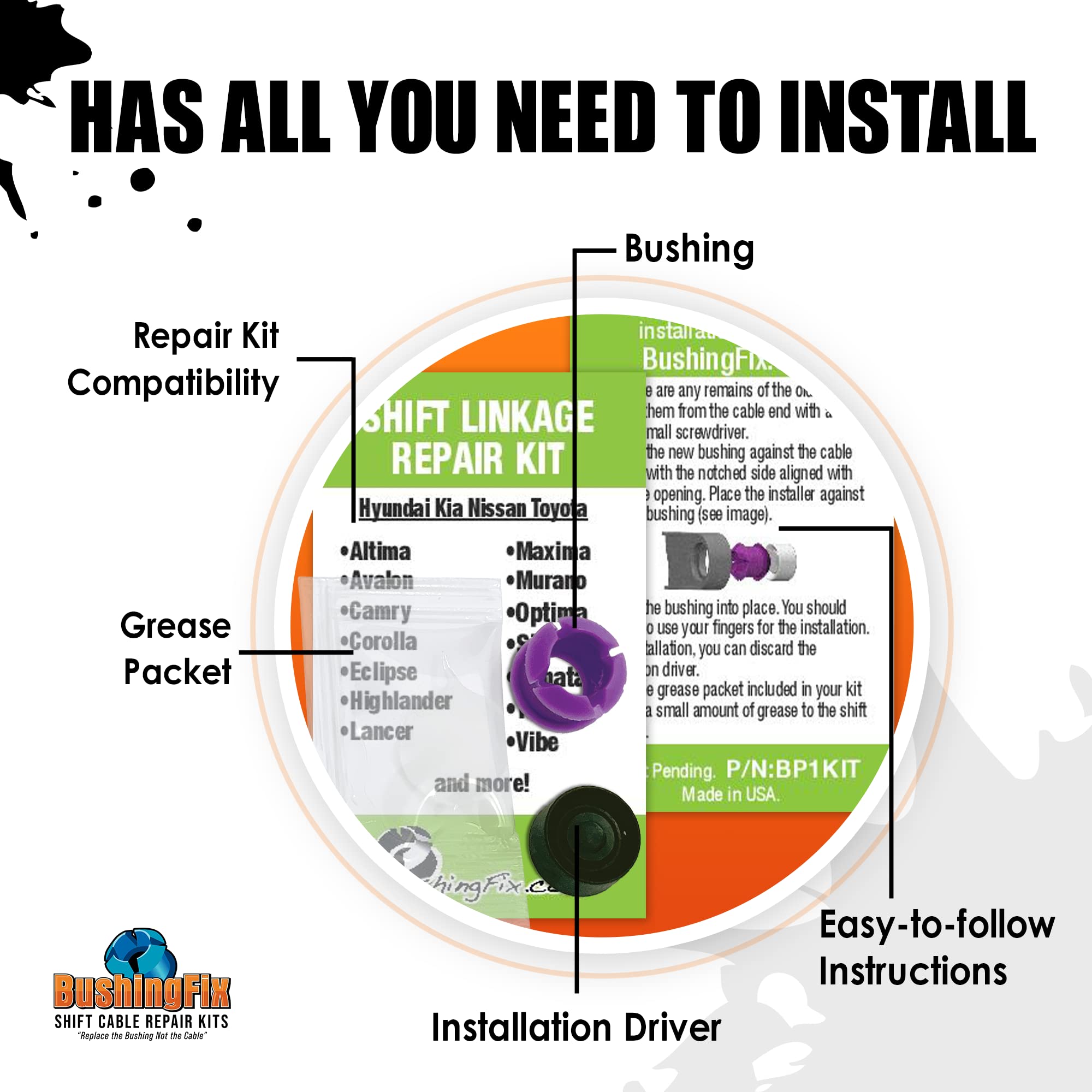 BushingFix BP1Kit - Automatic Transmission Shift Cable Bushing Repair Kit, Replacement Shifter Cable Bushing, Quality Transmission Repair Kit, Compatible with Nissan, Toyota, Hyundai, and Other Brands