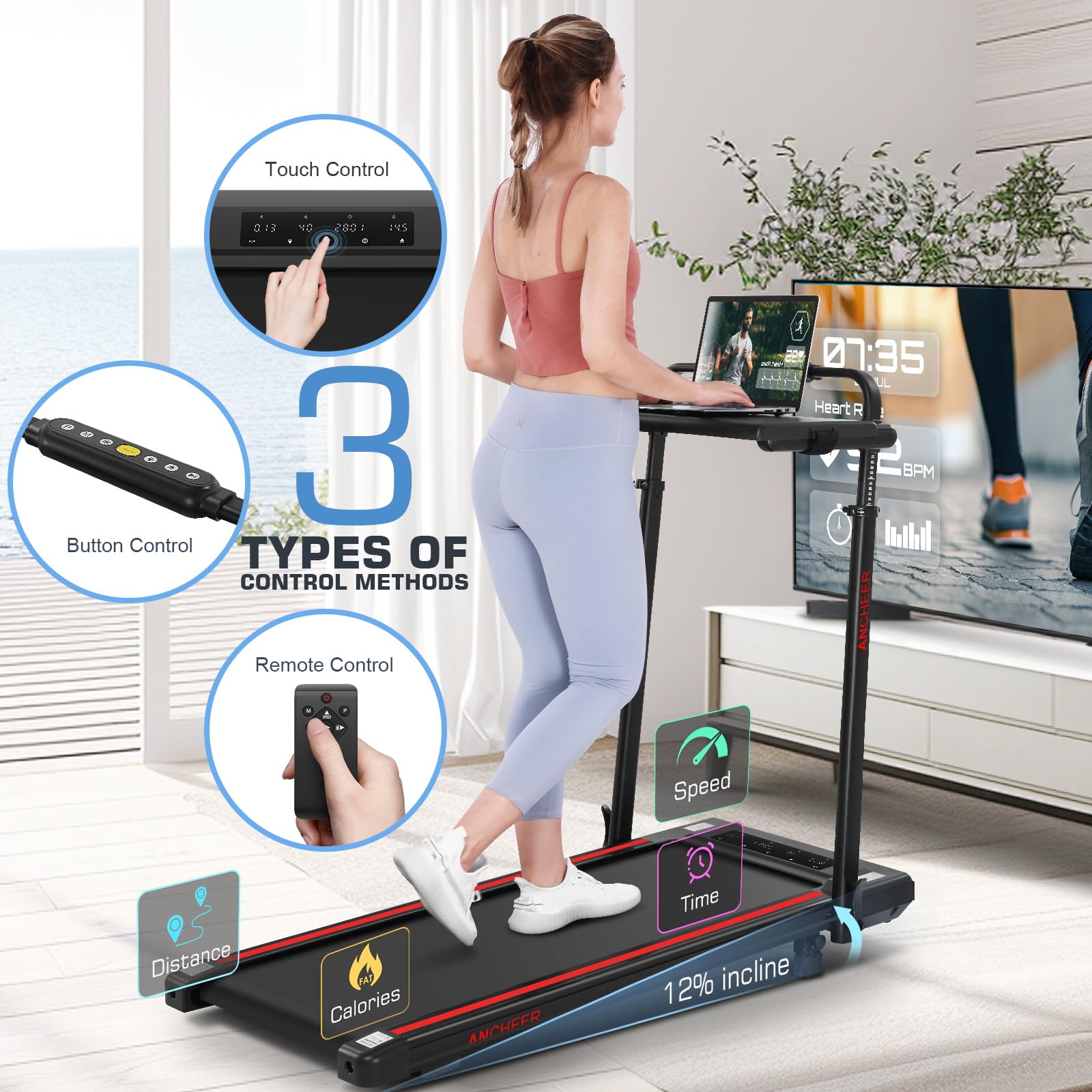 ANCHEER Treadmill with Desk Workstation& Adjustable Height, Folding Treadmill with 8% Incline,3.5HP Walking Pad for Home, 300lbs Weight Capacity/Ultra-Quiet/3 Type Control(Black Red)
