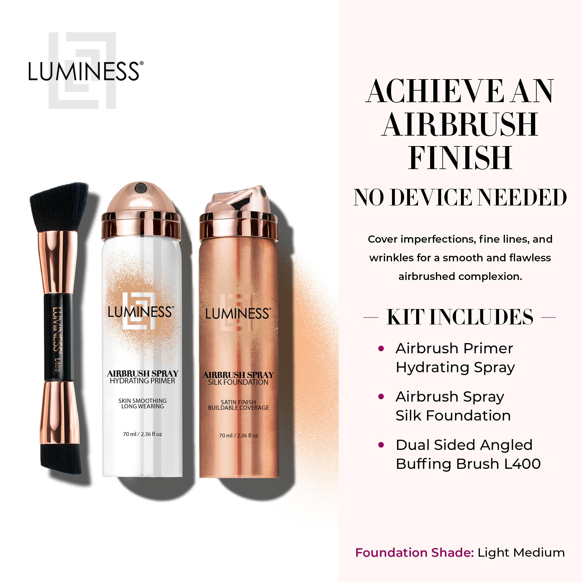 LUMINESS Airbrush Spray Silk Foundation Starter Kit - Light Medium - Foundation, Primer & Dual-Sided Angled Buffing Brush - Medium, Buildable Coverage, Anti-Aging Formula Hydrates & Moisturizes