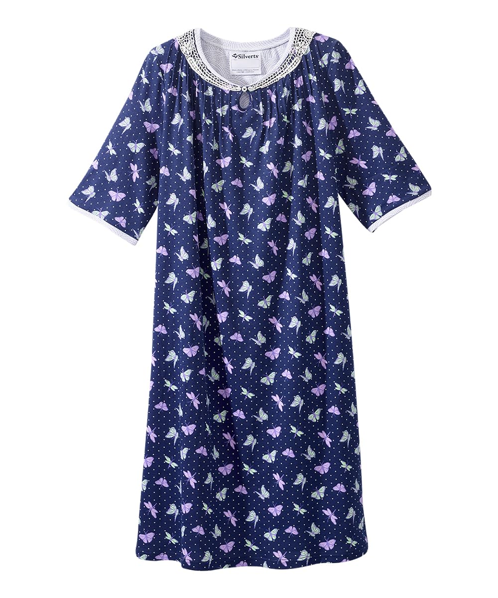 Silverts Hospital Gowns for Women Open Back, Night Gowns for Elderly Women, Adaptive Clothing for Seniors, Elderly Nightgowns, Dementia Clothing - Butterfly Dragonfly MED