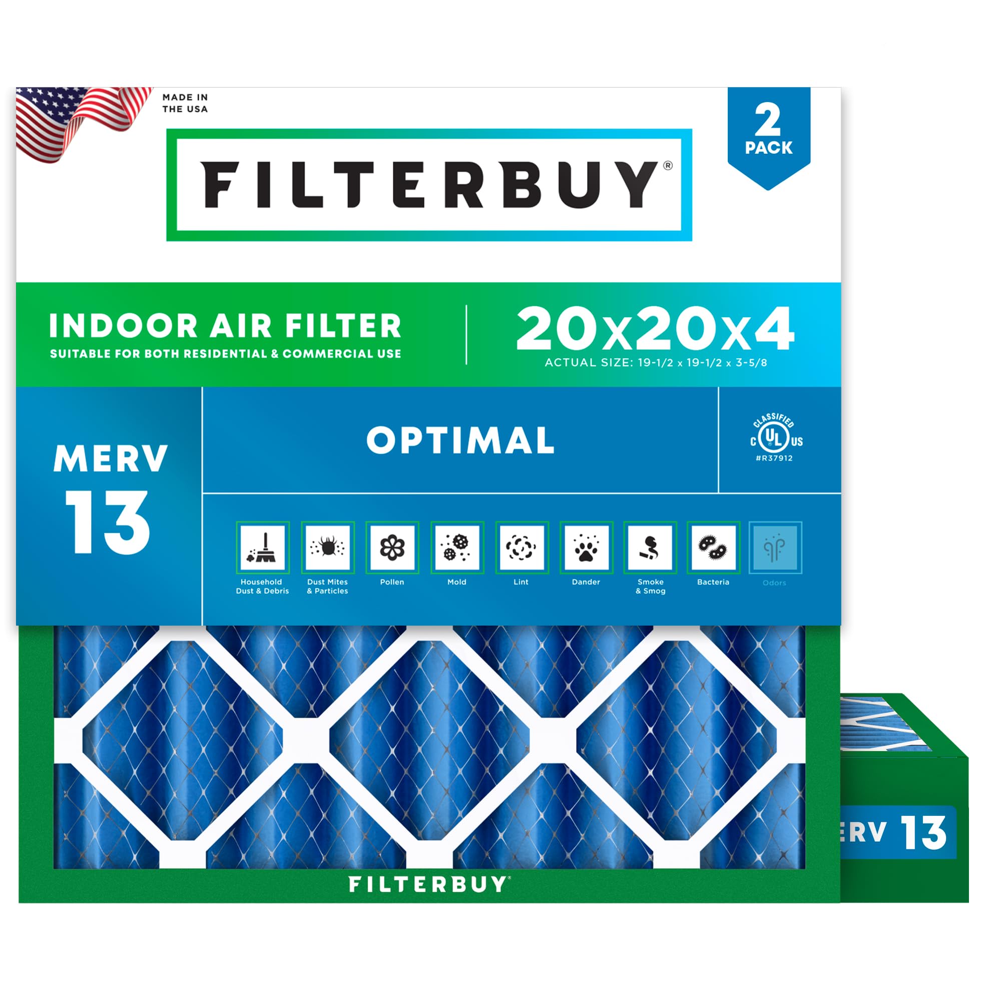 Filterbuy 20x20x4 Air Filter MERV 13 Optimal Defense (2-Pack), Pleated HVAC AC Furnace Air Filters Replacement (Actual Size: 19.50 x 19.50 x 3.63 Inches)