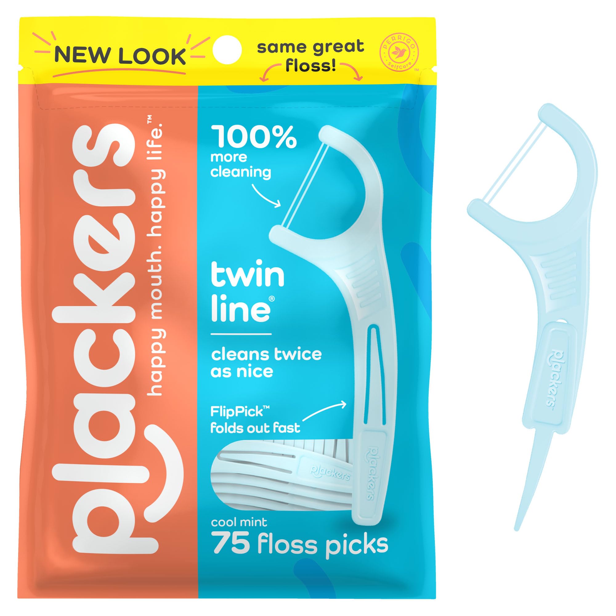 Plackers Twin-Line Dental Flossers, Cool Mint Flavor, Dual Action Flossing System, Easy Storage, Super Tuffloss, 2X The Clean, 75 Count