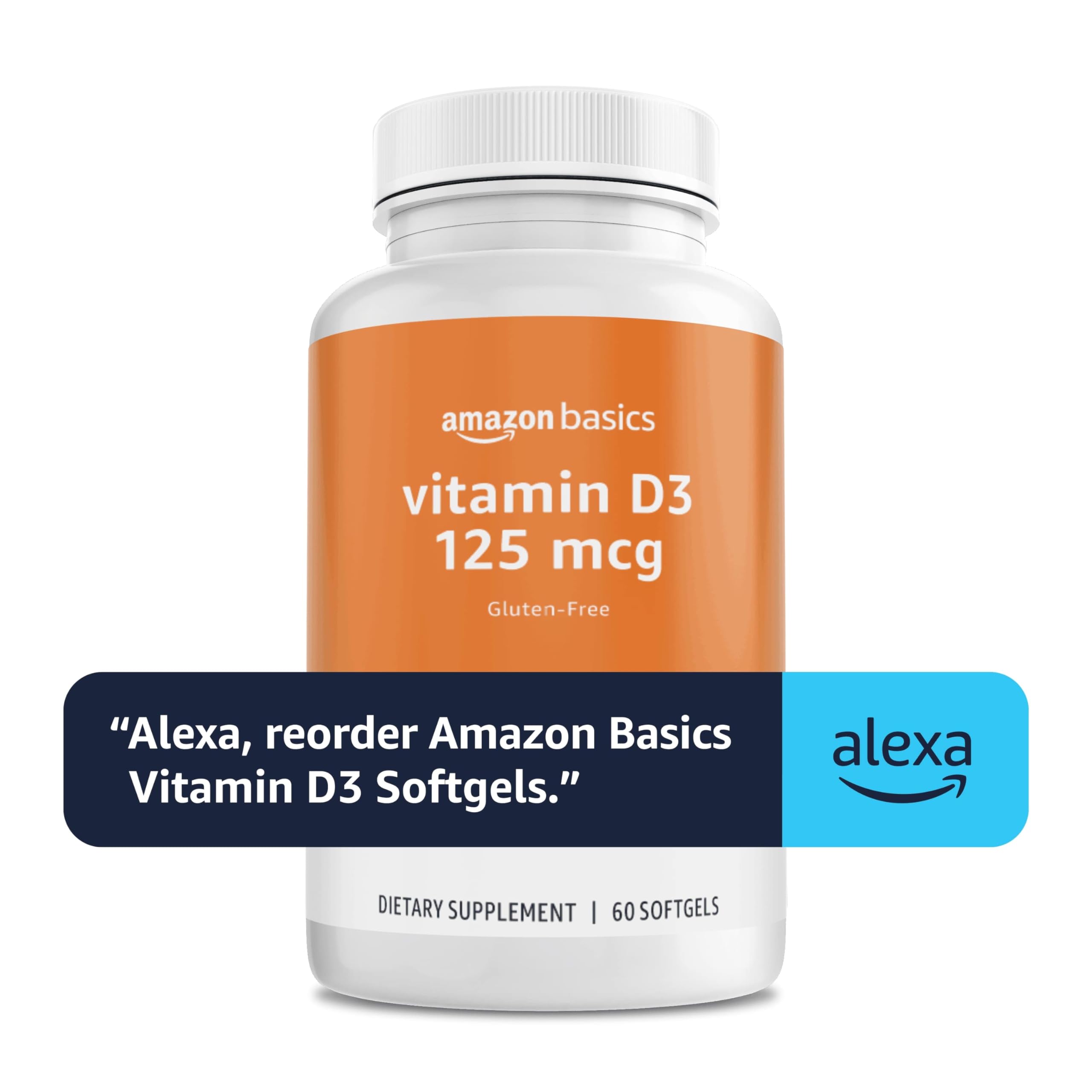 Amazon Basics Vitamin D3 125 mcg, 60 Softgels (1 per serving), Gluten Free