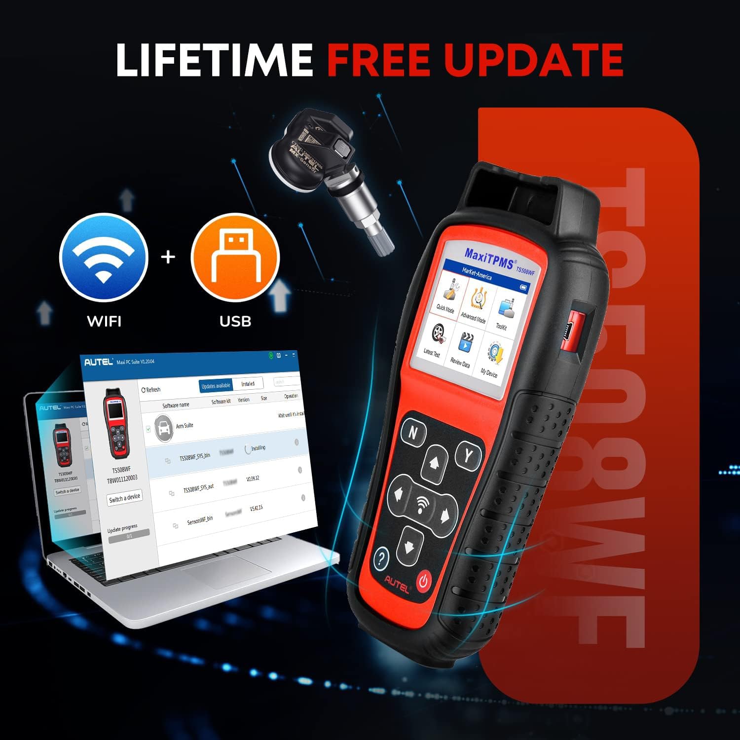 Autel MaxiTPMS TS508WF KIT, 2025 TPMS Programming Relearn Tool, WiFi Ver. of TS508 TS501 PRO TS601 TS408S, Lifetime Update, Relearn/Activate All Sensor, TPMS Scan Tool w/$300 8PCS Sensor &4PCS Valves