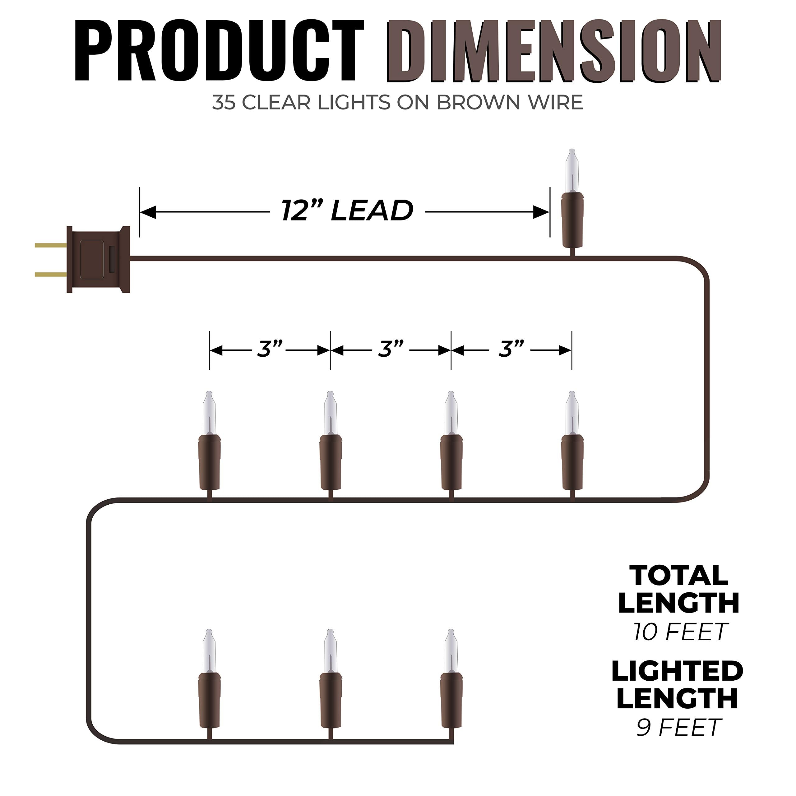 612 Vermont 35 Clear Mini Christmas String Lights on Brown Wire Cord, UL Approved for Indoor Use Only, 9 Foot of Lighted Length, 10 Foot of Total Length