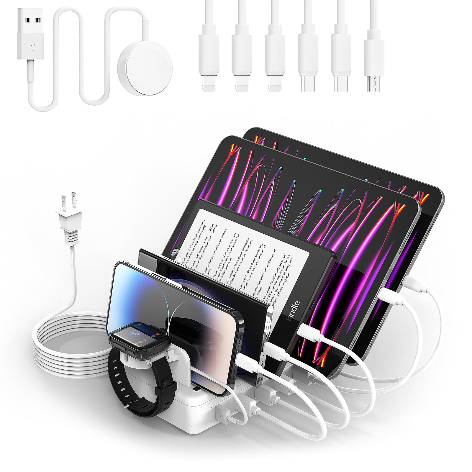 Charging Station Multiple Charger Station - 2025 New 6-Port USB Fast Charging Dock 50W Organizer Station with Watch Charger for iPhone|Android Cell Phone|iPad|Kindle|Watch|Tablet