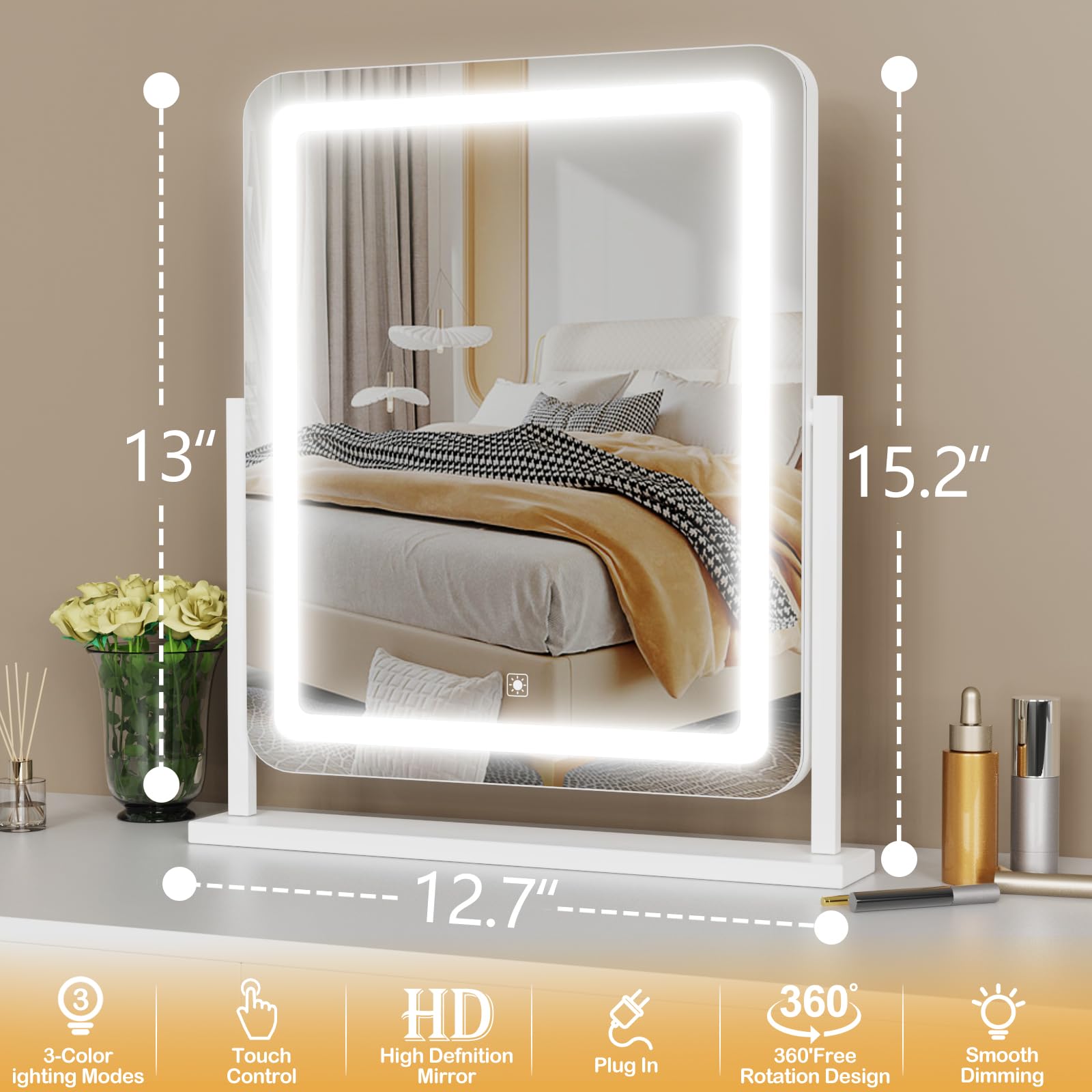 Gvnkvn Makeup Vanity Mirror with Lights 15.2" Large LED Lighted Mirror, Hollywood Make Up Mirror with Lighting for Bedroom Tabletop, Smart Touch,Detachable 10X Magnification 360° Rotation, (White)