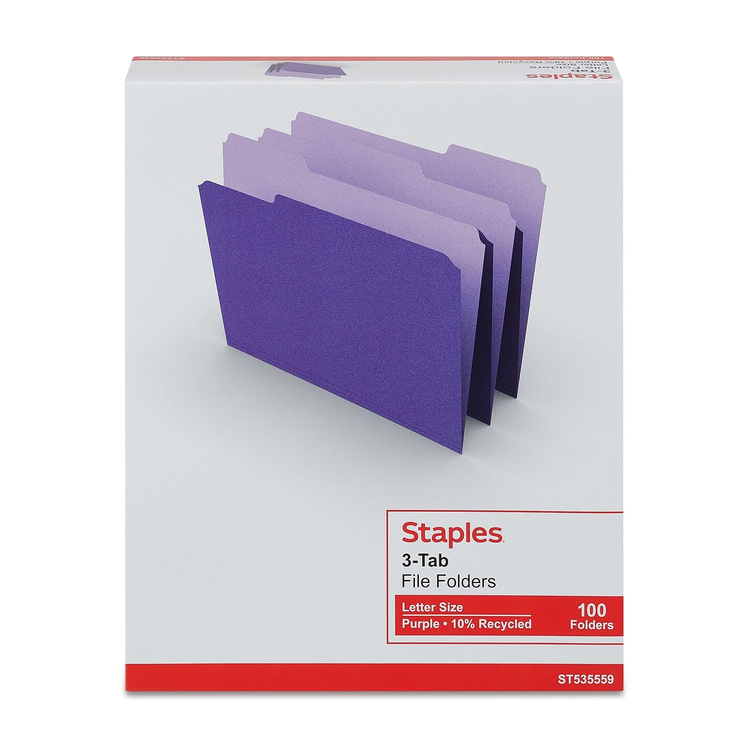 Staples 535559 Colored Top-Tab File Folders 3 Tab Purple Letter Size 100/Pack