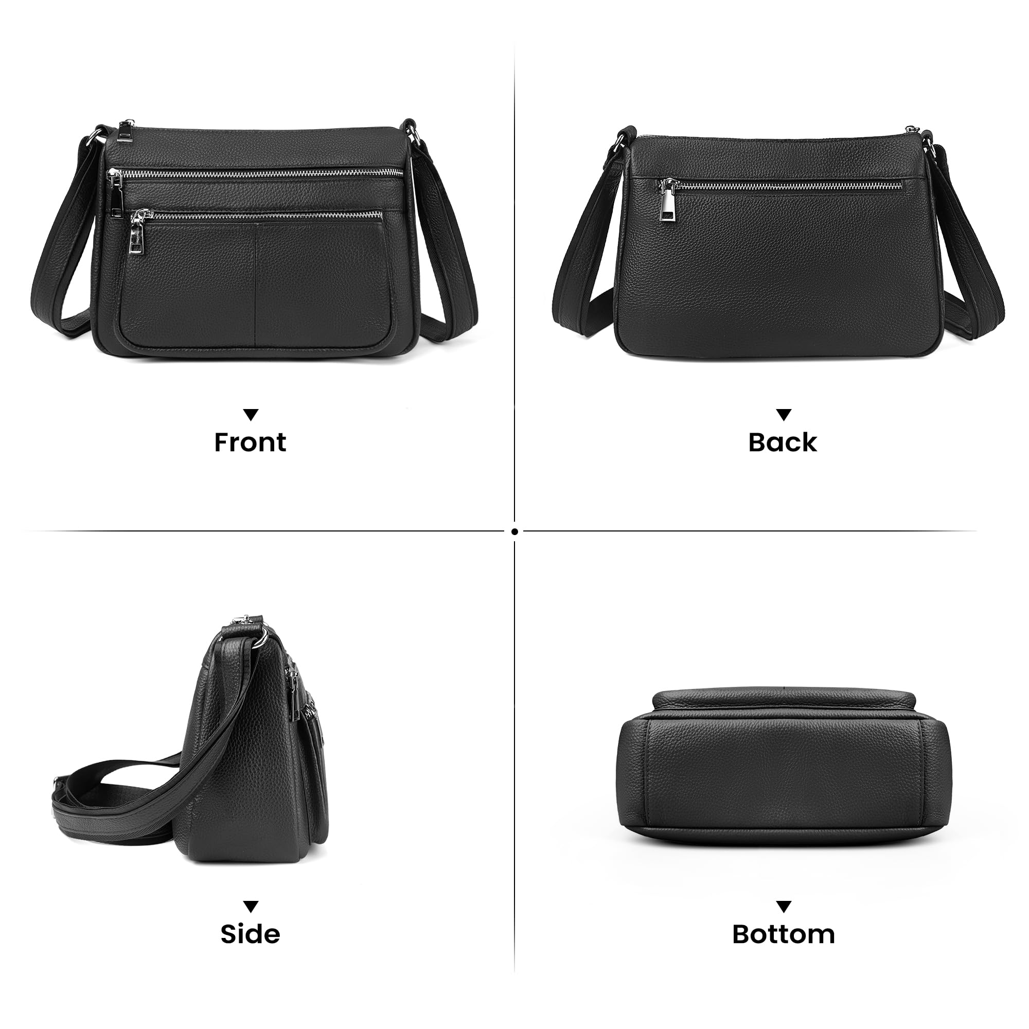 befen Black Genuine Leather Crossbody Bags for Women, Woman Medium Cross Body Shoulder Purses Handbags with Multi Zipper Pockets