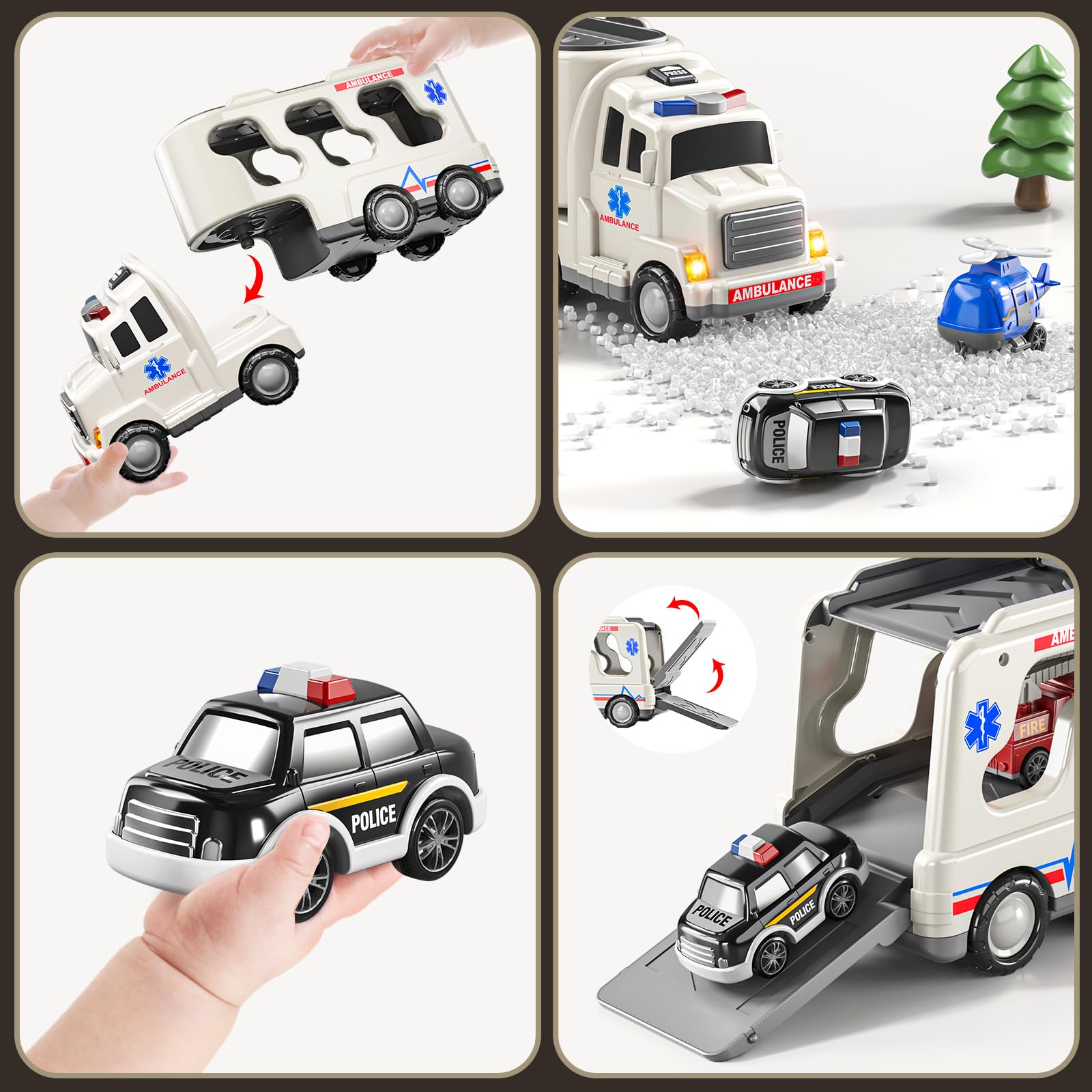 TEMI 5 Pack Emergency Rescue Vehicle Toddler Truck Toys for 3 4 5 6 Year Old Boys, Friction Power Cars with Rescue Helicopter, Police Car, Fire Truck, Ambulance Car, Birthday Gifts for Girls Age 3-9