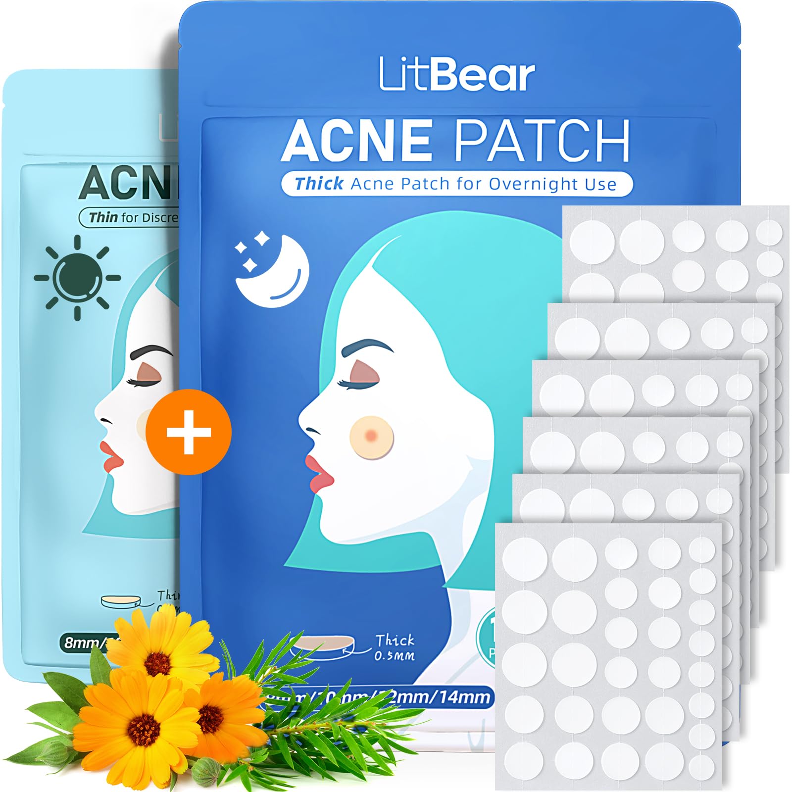 LitBear Acne Pimple Patches- Day and Night 4 Sizes 180 Dots Thin & Thick Hydrocolloid Patches with Witch Hazel, Tea Tree & Calendula Oil, Extra Adhesion for Face Zit Patch Dots