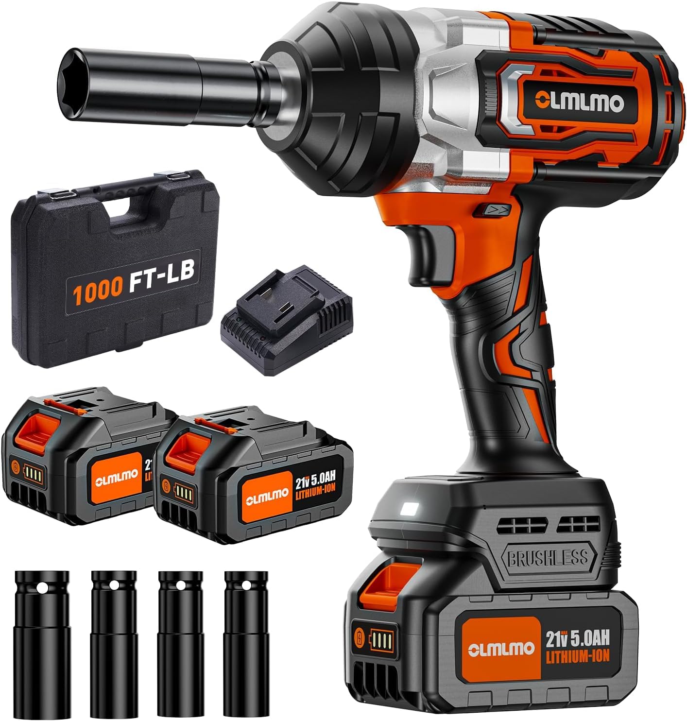 1300N.m/1000Ft-lbs Cordless Impact Wrench 1/2 Inch, 2 x 5.0Ah Batteries Brushless Impact Wrench with Fast Charger, 3 Variable Speeds High Torque Impact Gun 4 Sockets Portable Suitcase for Car Tire DIY