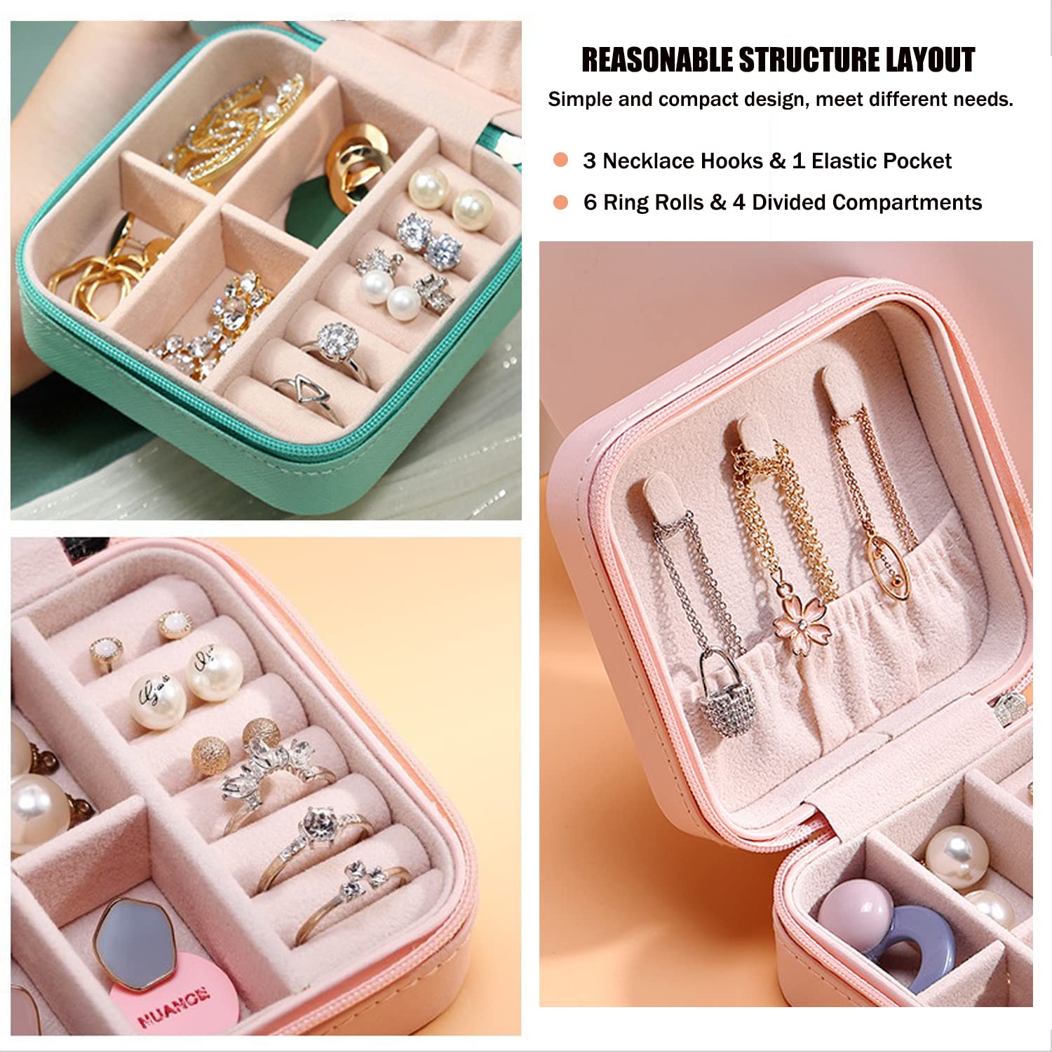 MODENGKONGJIAN Mini Jewelry Travel Case, PU Leather Organizer Box, Small Portable Jewellery Storage Holder for Womens Rings Earrings Necklaces Bracelets (Pink)