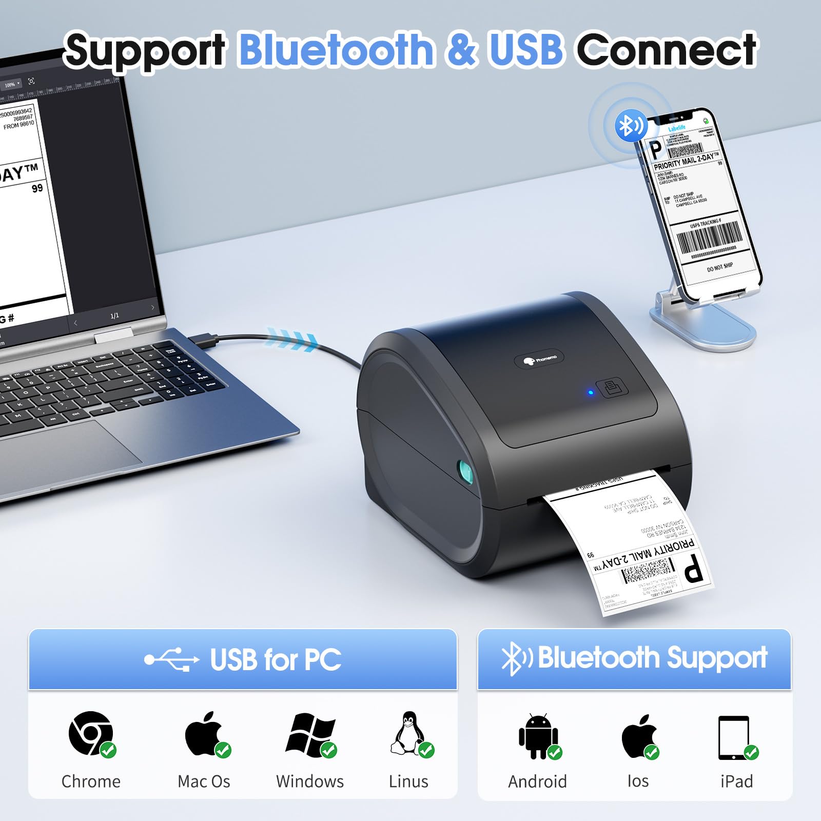 Phomemo Bluetooth Shipping Label Printer- D520BT Thermal Printer 4x6 Label Printer for Small Business, Shipping Packages, Barcode, Compatible with Phone and PC