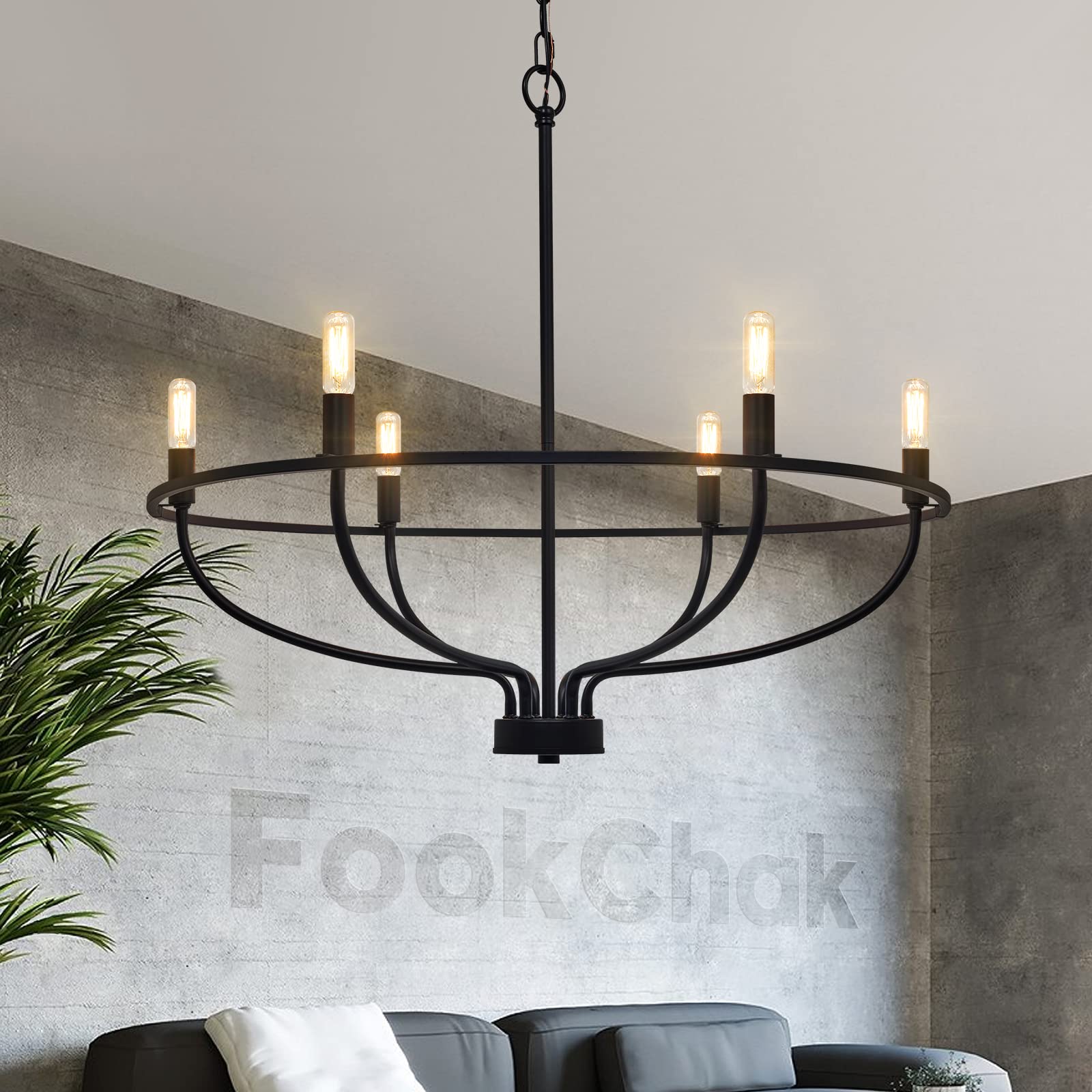 FookChak 6-Light Black Chandelier Light Fixture Industrial Candle Chandelier Black Chandeliers for Dining Room for Bedroom, Living Room，Kitchen,28.54in, E12