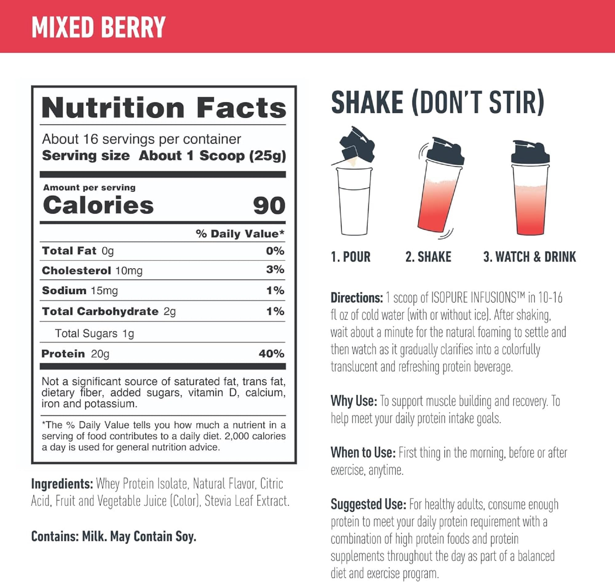 Isopure Protein Powder, Clear Whey Isolate Protein, Post Workout Recovery Drink Mix, Gluten Free with Zero Added Sugar, Infusions- Mixed Berry, 16 Servings