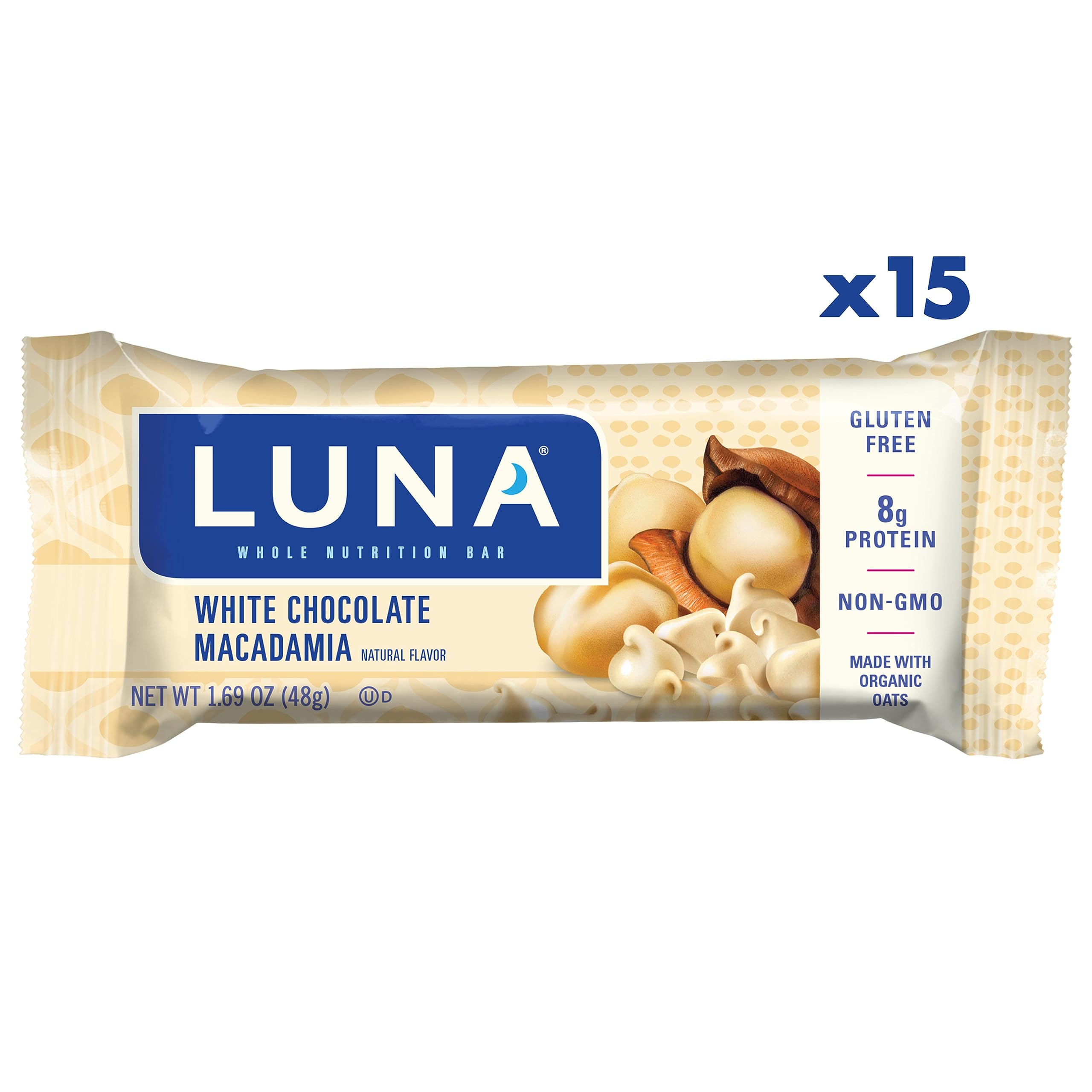 LUNA Bar - White Chocolate Macadamia Flavor - Gluten-Free - Non-GMO - 7-9g Protein - Made with Organic Oats - Low Glycemic - Whole Nutrition Snack Bars - 1.69 oz. (15 Count)