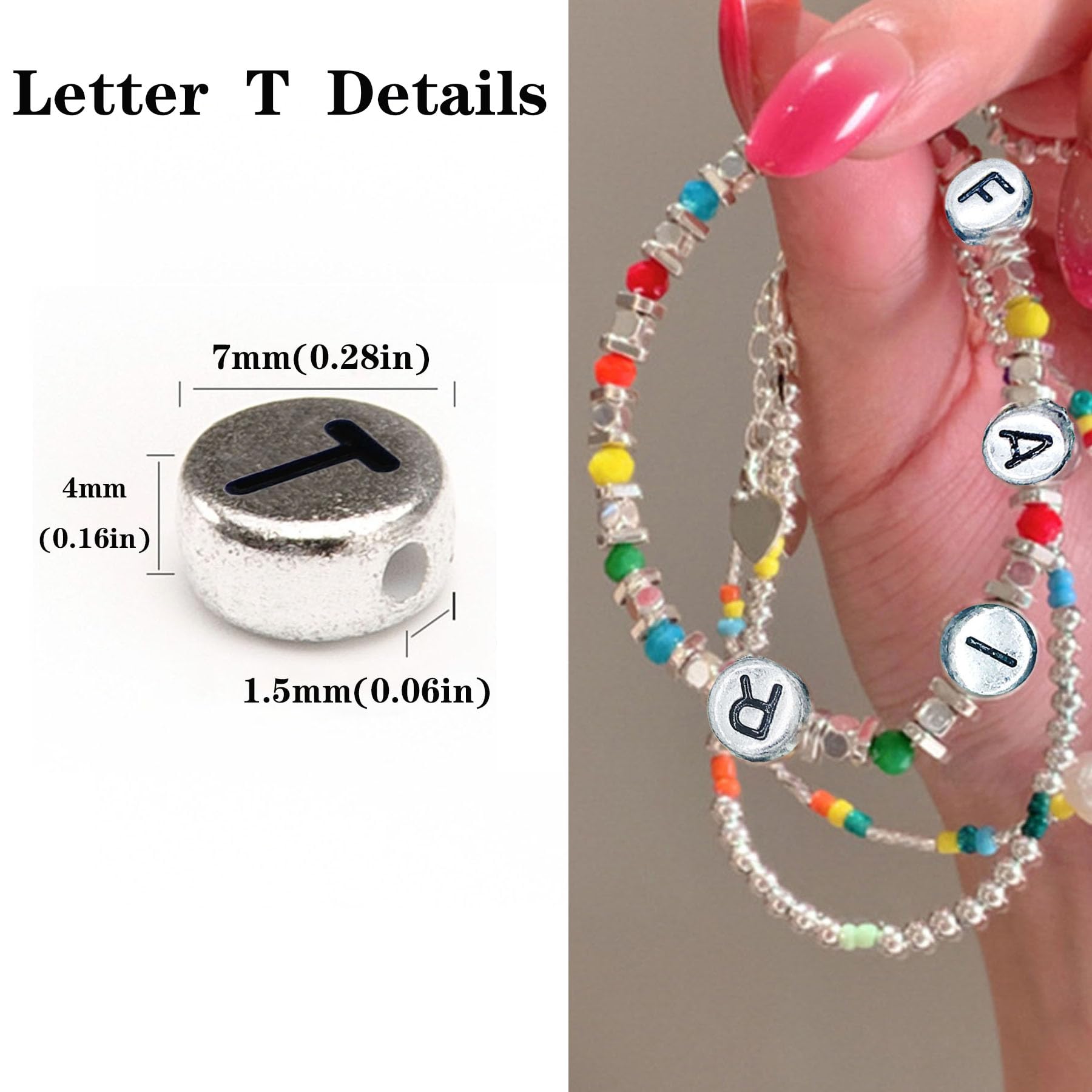 Yiizzxin 200Pcs Round Ancient Silver Letter T Beads,4x7mm Flat Letter-T Bead for Bracelets,Alphabet Beads for Jewelry Making DIY Necklaces Crafts Supply(Silver-T)
