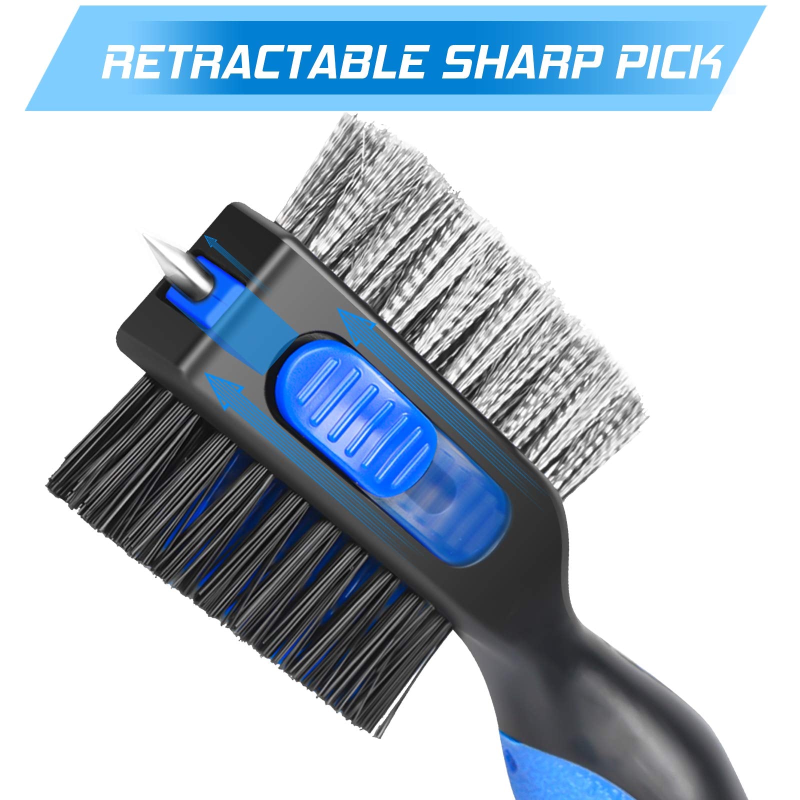 prowithlin Golf Club Brush and Golf Club Groove Cleaner 2 in 1, 2ft Retractable Zip-line Metal Buckle and Retractable Sharp Pick Oversized Brush Head Wire Bristles (Black and Blue Upgraded)