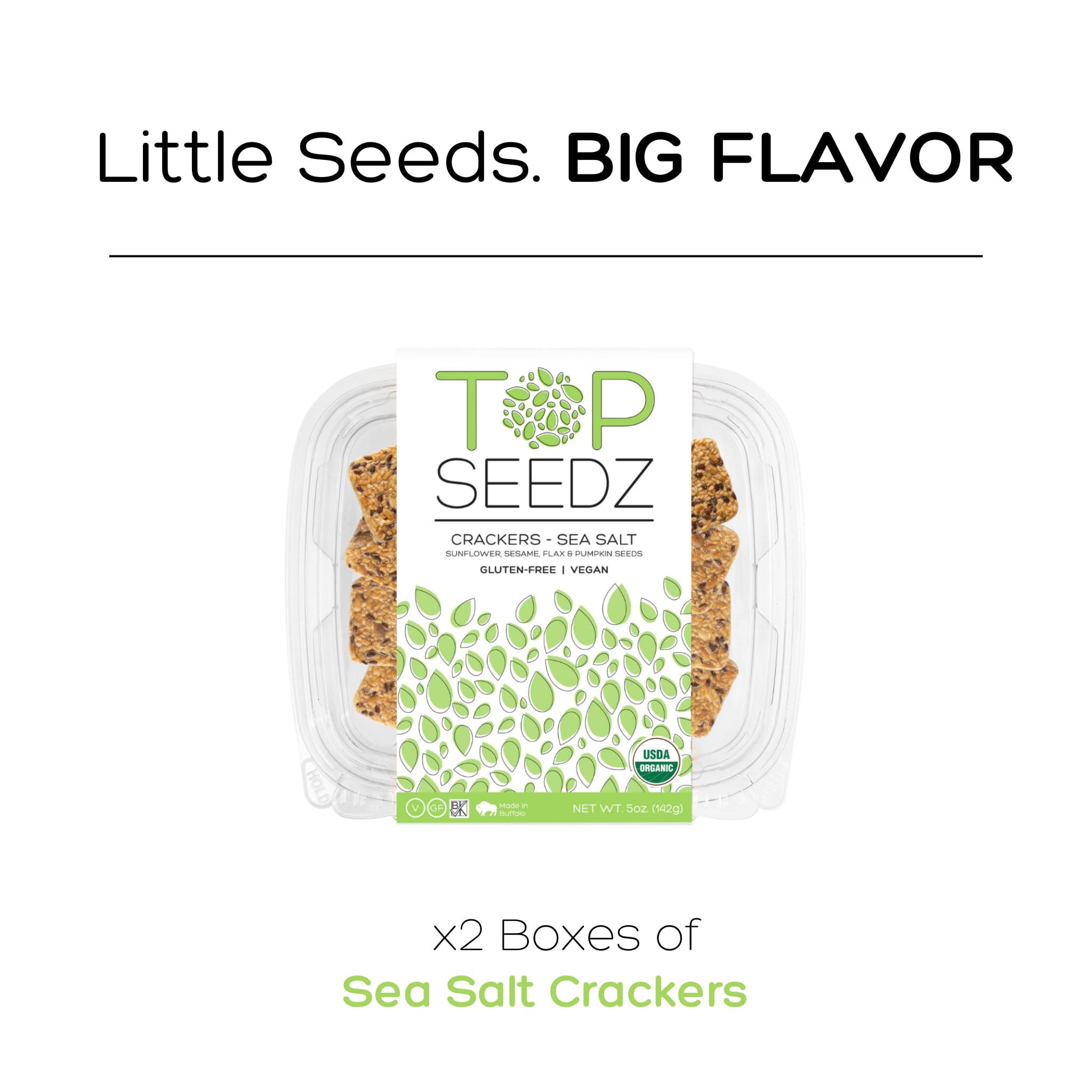 Top Seedz Certified Organic Gluten Free Sea Salt Seed Crackers | 2-Pack | 5 Ounces | Healthy Vegan Crackers with Plant Based Protein | Made of Sunflower, Flax, Sesame and Pumpkin Seed