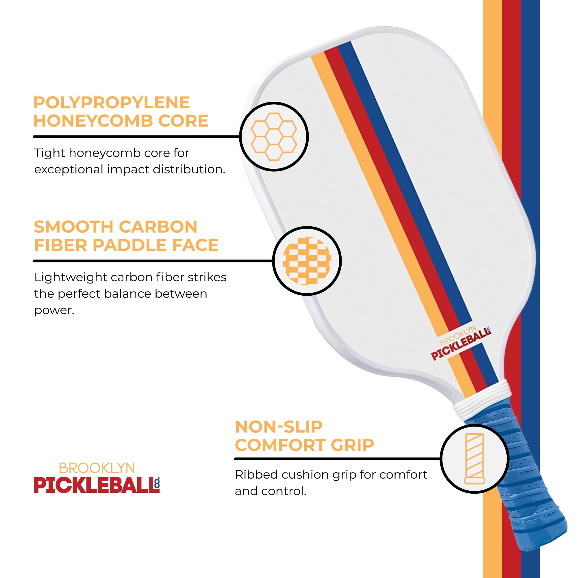 Brooklyn Pickleball Co White Pickle Ball Paddle | Carbon Fiber | Honeycomb Core | Ribbed Non-Slip Cushion Grip | Single Racket | Pickle-Ball Paddles