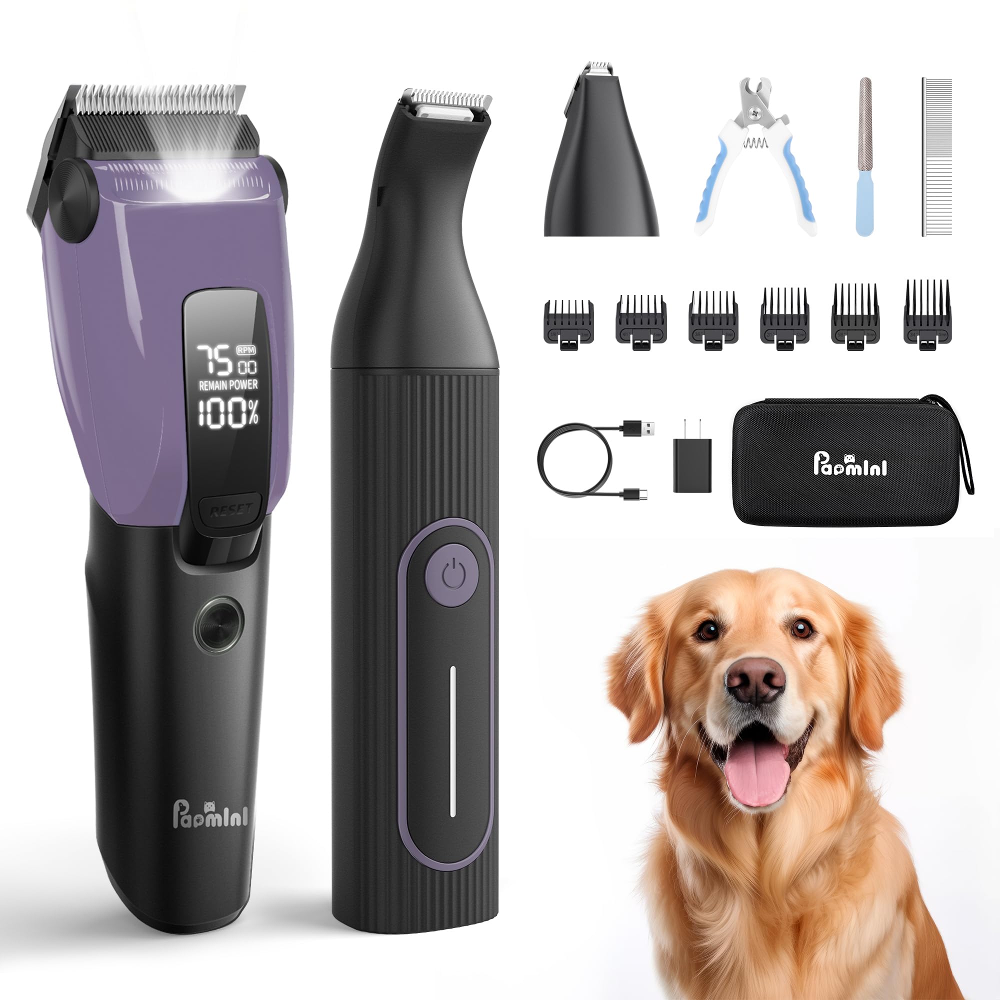 PAPMINI Dog Grooming Kit for Heavy Thick Hair&Coats, 3 in 1 Dog Clippers for Grooming, Rechargeable Cordless Pet Shaver with Storage Box, Quiet Dog Paw Trimmer for Small and Large Dogs Cats Animals