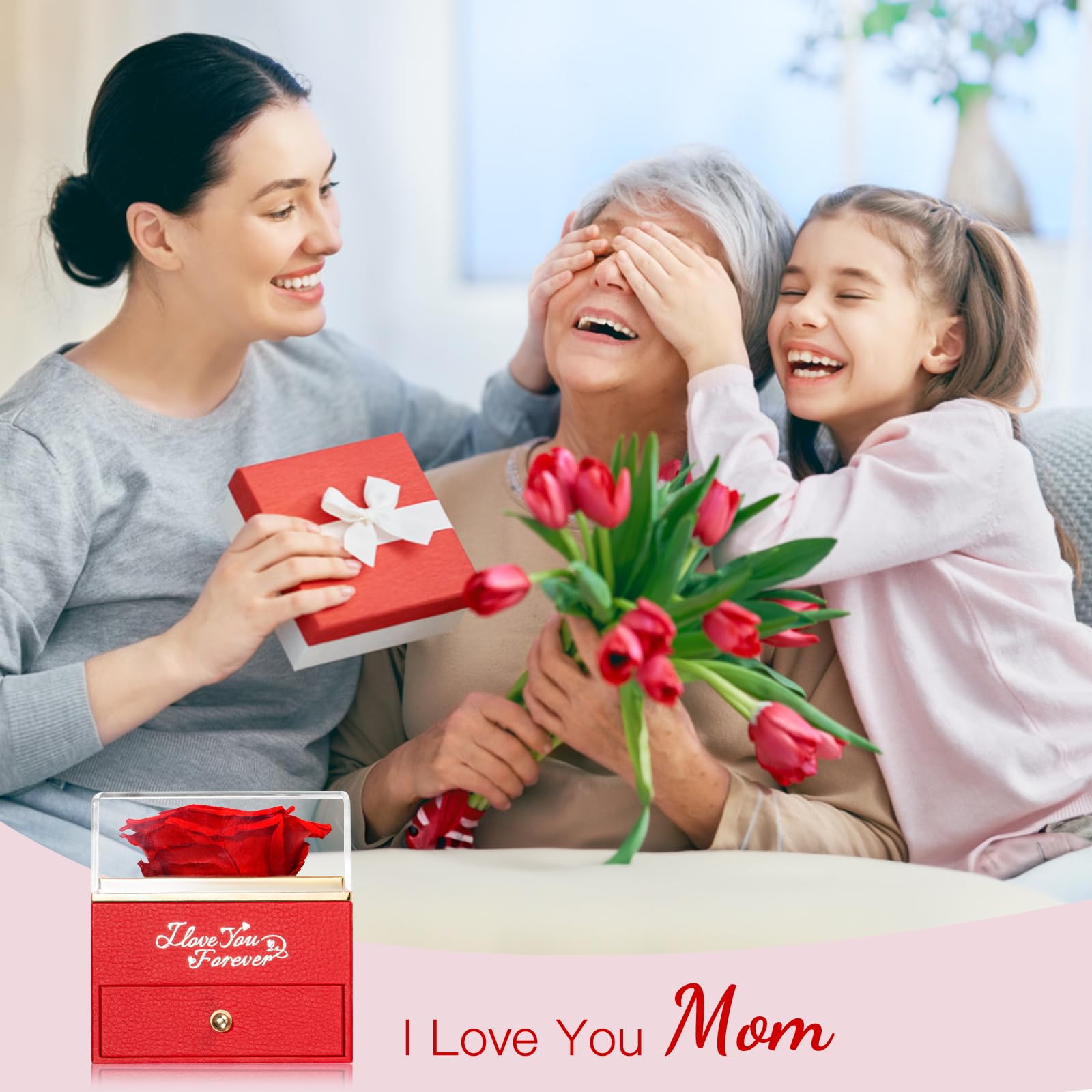 WILDLOVE Mothers Day Gifts for Mom, Preserved Real Red Rose with I Love You Mom Necklace, Forever Flowers Gifts for Mom from Daughter or Son, Kids, Birthday Valentines Day Christmas Mom Gifts Ideas