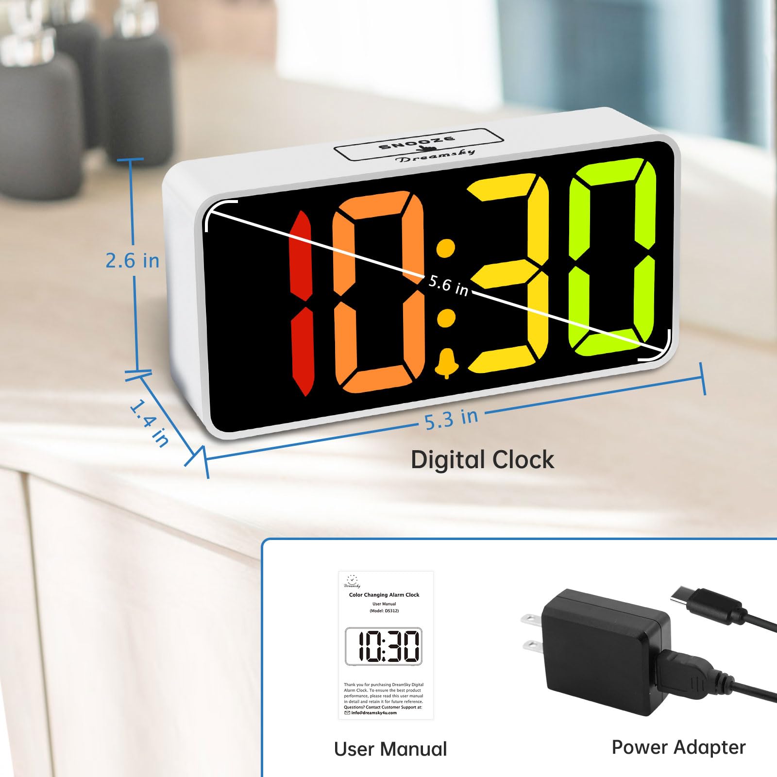 DreamSky Super Loud Alarm Clock for Heavy Sleepers - RGB Small Digital Clock for Kids Bedroom Bedside Nightstand, Electric Desk Clock with Large Numbers, Dimmer, Adjustable Volume, USB Port, Snooze