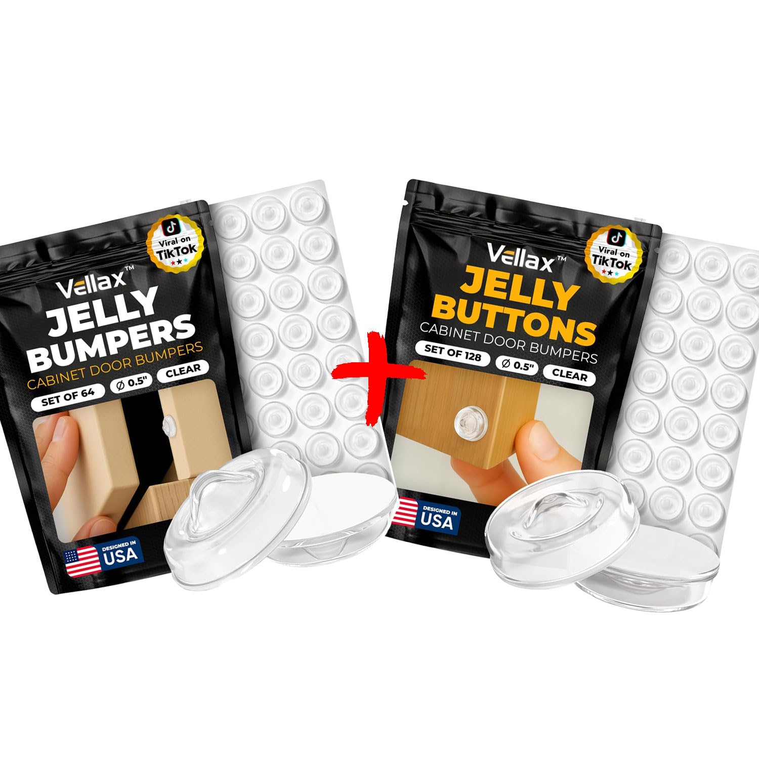 Vellax 64 Clear Silicone Bumper Pads & 128 Self Adhesive Cabinet Door Bumpers - Self-Adhesive Sound Dampening Stops with Jelly Button Shape Design for Cabinet Doors, Drawers, Cupboards, Glass Surfaces