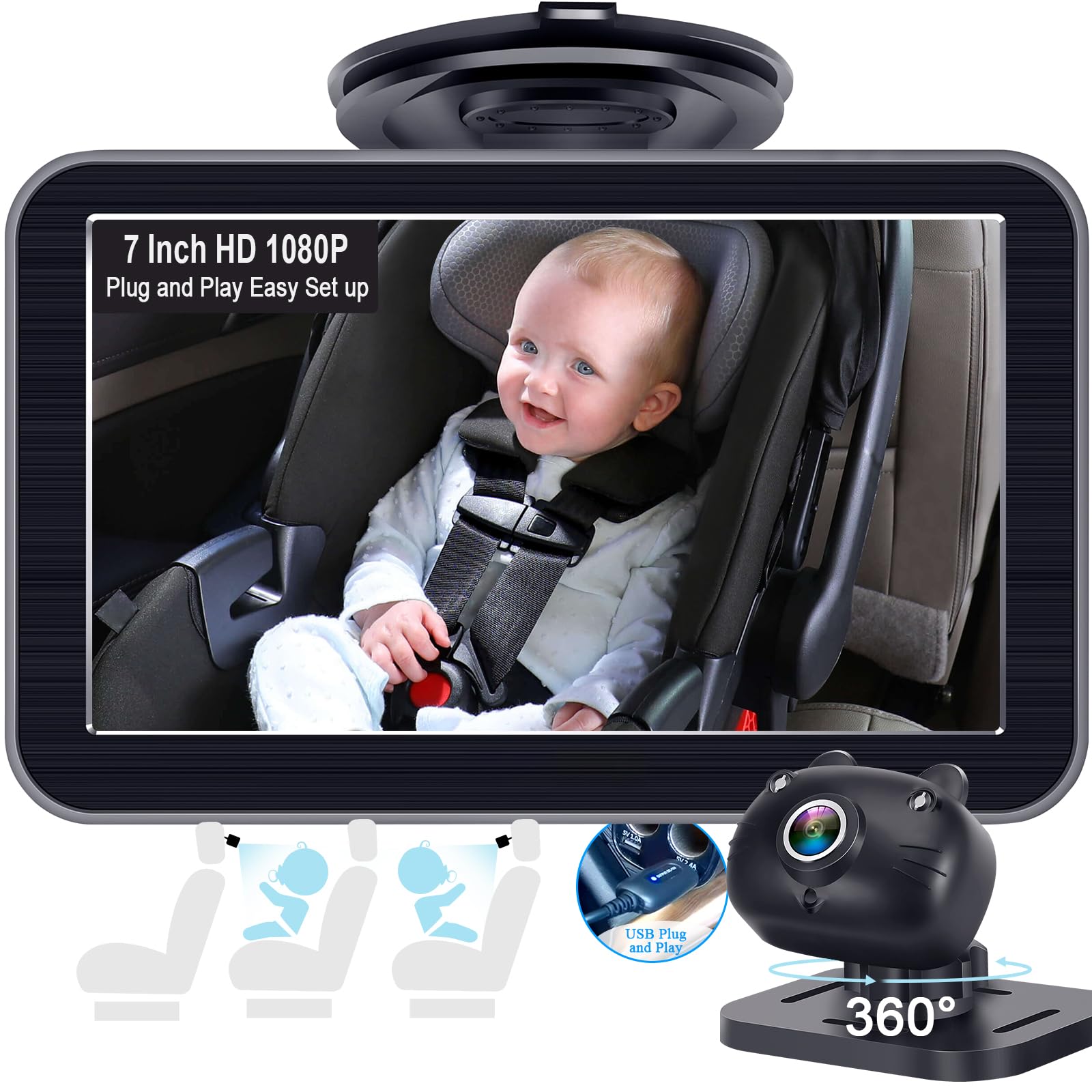 DoHonest Baby Car Camera 7-Inch: USB Plug and Play Easy Setup 360° Rotating Backseat Camera Two Kids HD 1080P Rear Facing Car Seat Camera Clear Night Vision -V9