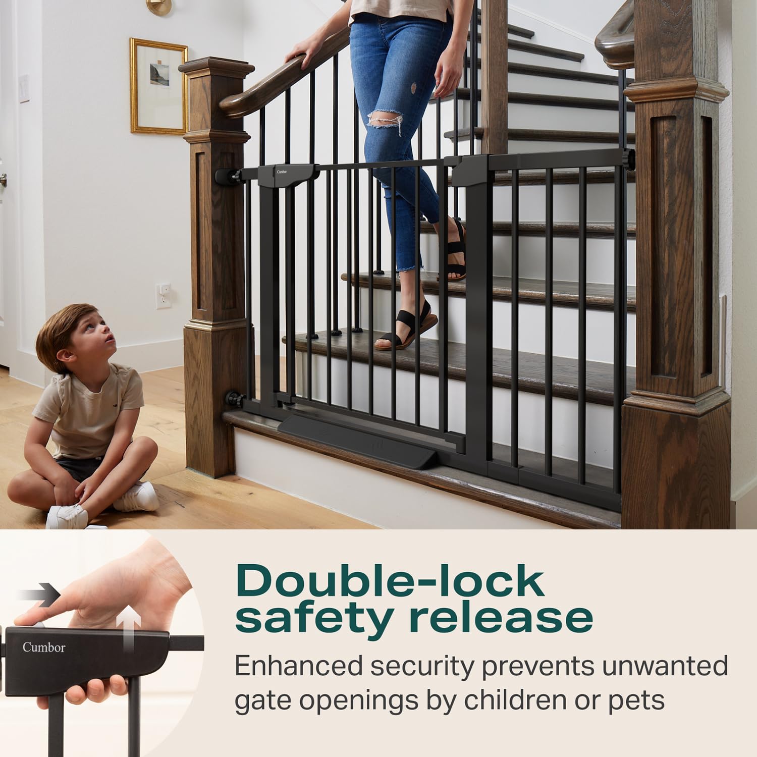 Cumbor 29.7-46" Baby Gate for Stairs, Mom's Choice Awards Winner-Auto Close Dog Gate for The House, Easy Install Pressure Mounted Pet Gates for Doorways, Dog Accessories Indoor for Kitchen, Black