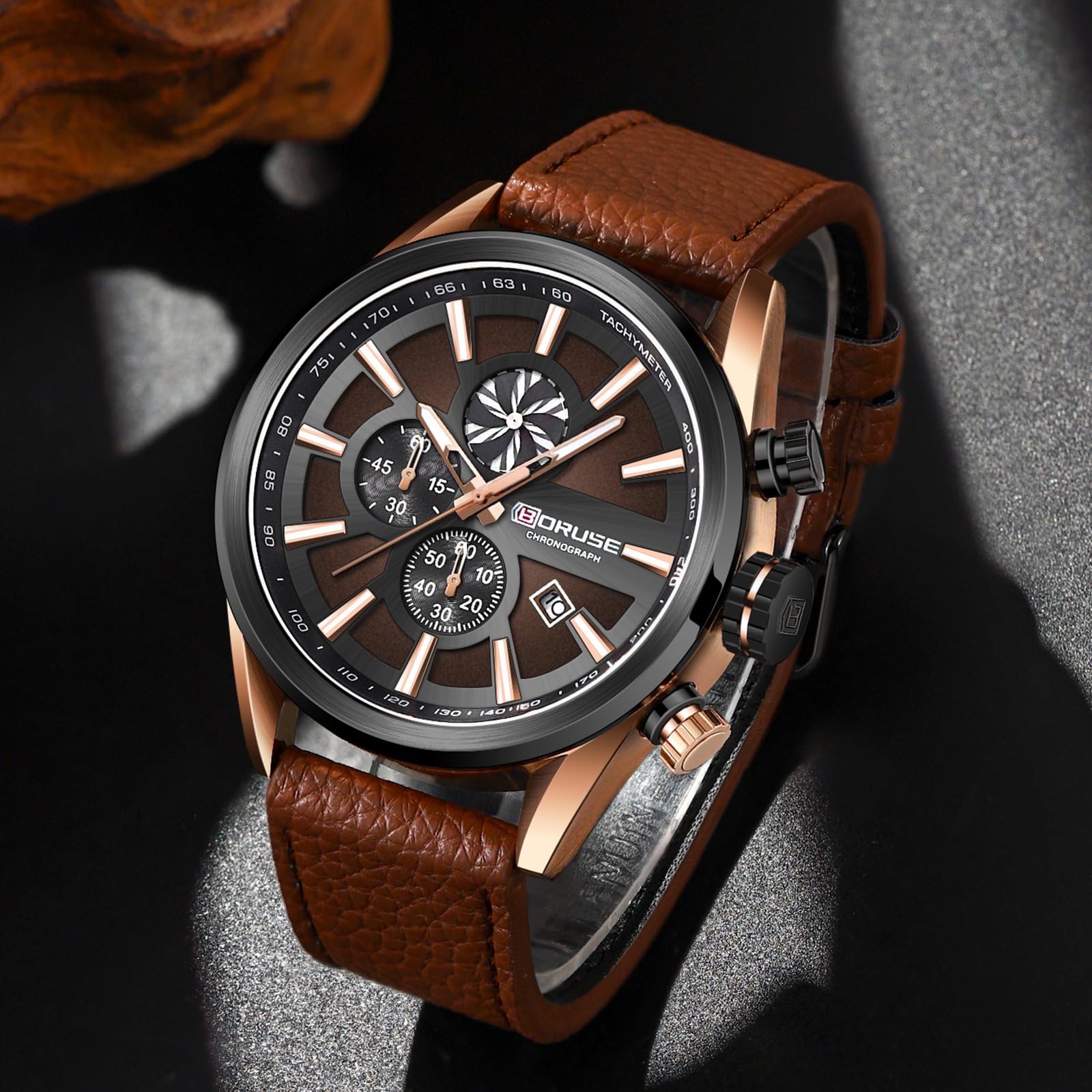 BORUSE Leather Watches for Men Chronograph Waterproof Quartz Watch Fashion Business Sport Big Face Calendar Luminous Analog Wrist Watch for Mens