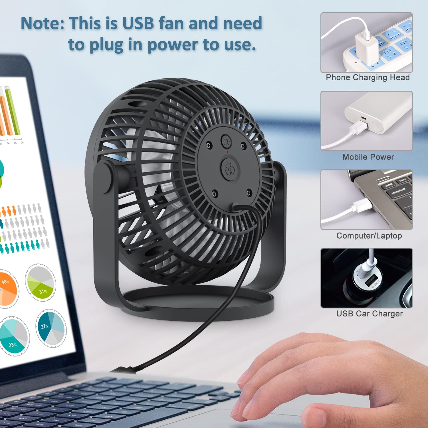 GagetElec USB Desk Fan with LED Night Lights,3 Speeds Desktop Cooling Mini Fan,360°Rotation Strong Wind USB Table Fan,Small Personal Travel Fan for Home Office Desktop Office Table 5.3 Inch (T5-02)