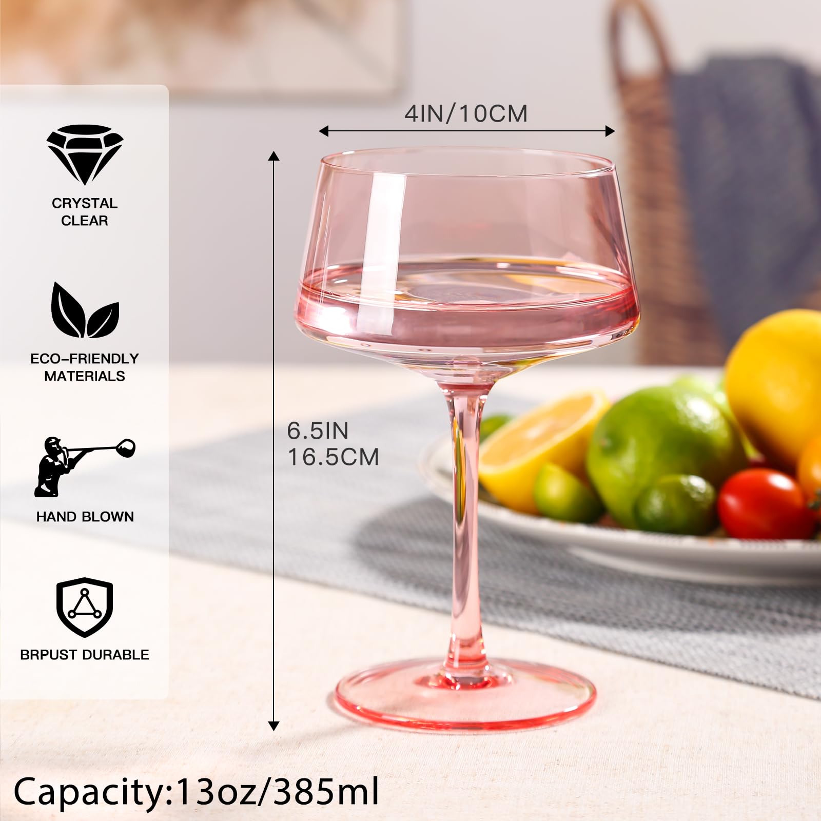 Pink Coupe Glasses Set of 6 - 13 oz Large Capacity Martini Glassware - Versatile Tall Cocktail Glasses- Hand-Blown Colored Champagne Coupe Glass-Art Deco Cocktail Glasses Set-Wedding,Christmas Gifts