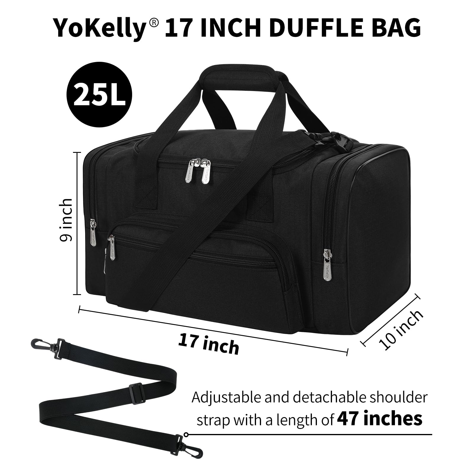 Small Duffel Bag 17 inch Carry On Weekender Bag for Travel Gym Sport (17x10x9 in) - Black